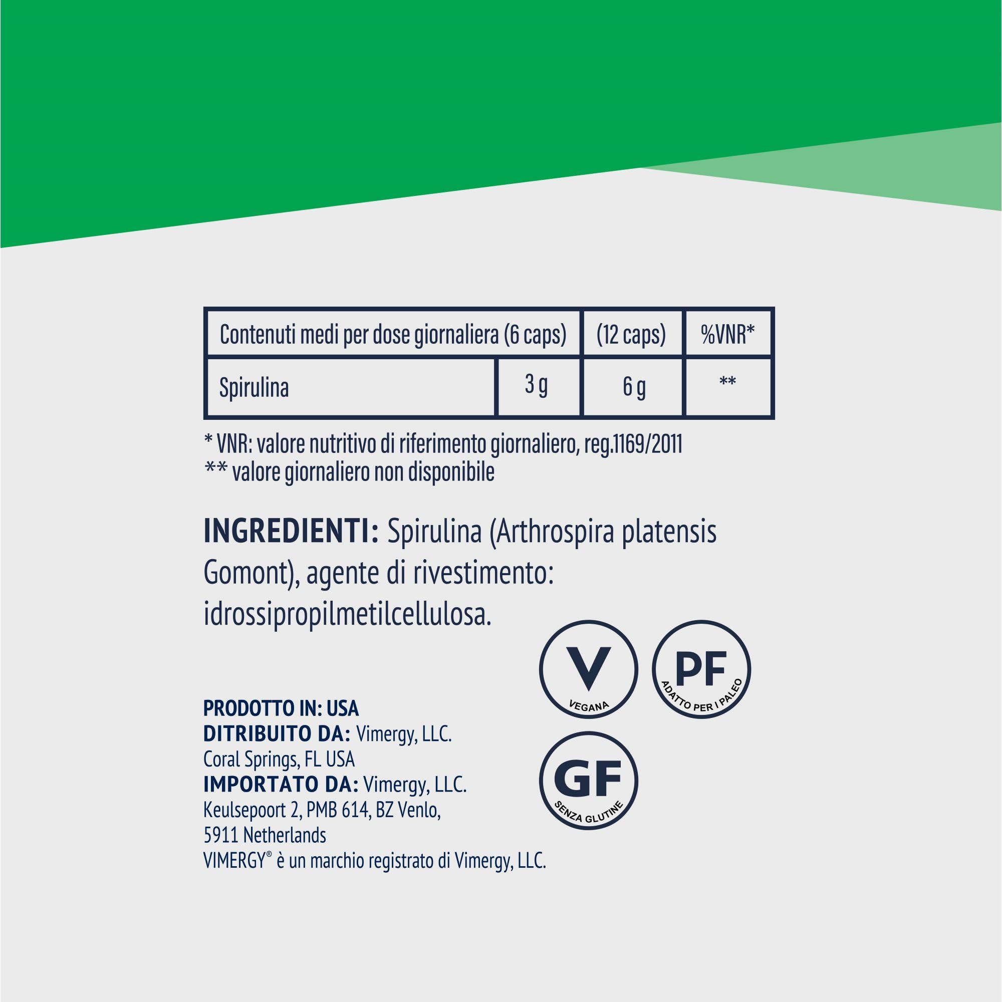 Vimergy Spirulina Capsules, 30 Dosi – Facile da Digerire – Spirulina in Capsule – Integratore Vegano – Senza Antiagglomeranti, Riempitivi o Coloranti - Senza OGM e Senza Glutine (180 Capsule)