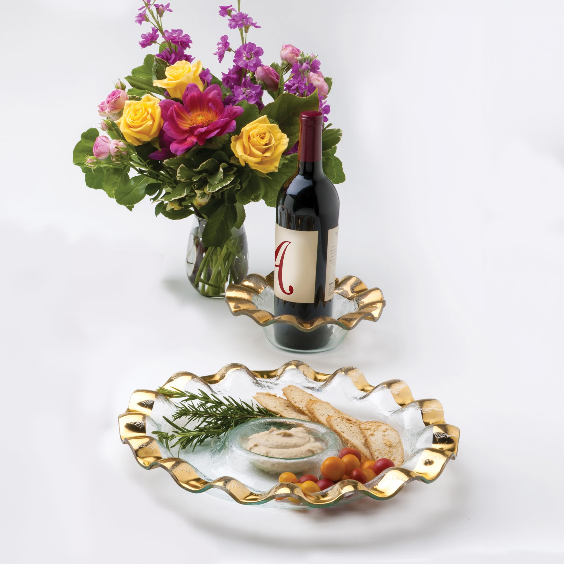 Annieglass Ruffle 14.75 Inch Round Chip and Dip Server with 24k Gold, Timeless Glass Tableware for all Occasions, Made in the USA