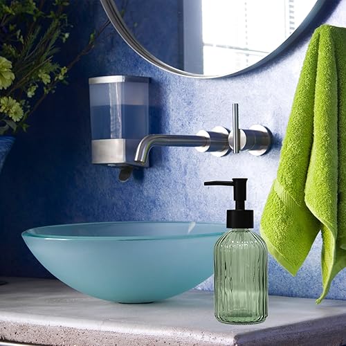Miniatura 5 de Juego de dispensador de jabón de vidrio verde con bomba negra, dispensador de jabón líquido de manos de 13.5 onzas, dispensador de jabón para platos