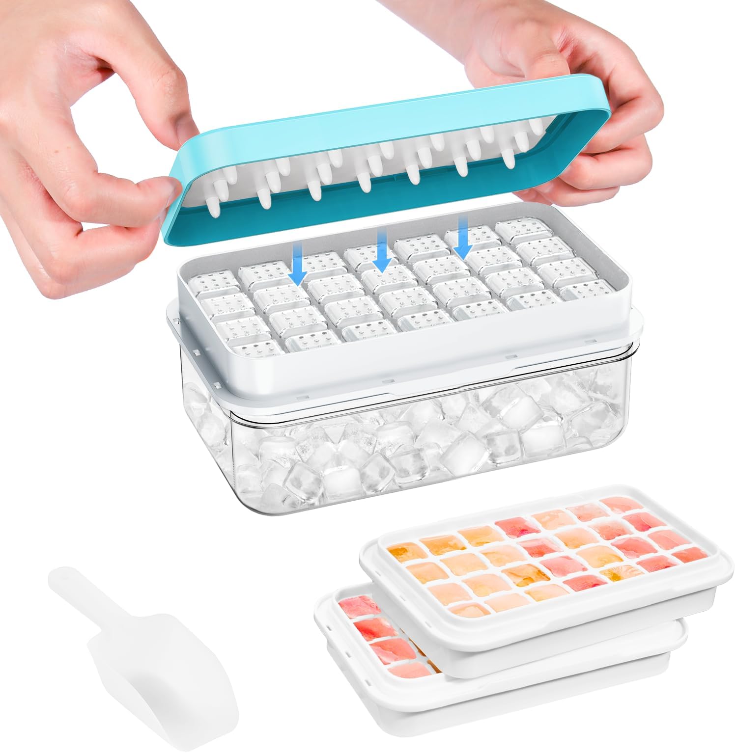 Ice Cube Tray with Lid and Bin, PHINOX 56 pcs Ice Trays for Freezer, Ice Cube Trays for Freezer with 2 trays, Container, Lid & Ice Scoop, BPA Free