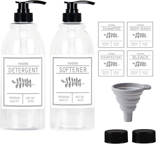 PJHOME - Dispensador de detergente líquido para ropa sucia contenedor suavizante de tela soporte de botella de plástico de 34 onzas con etiquetas