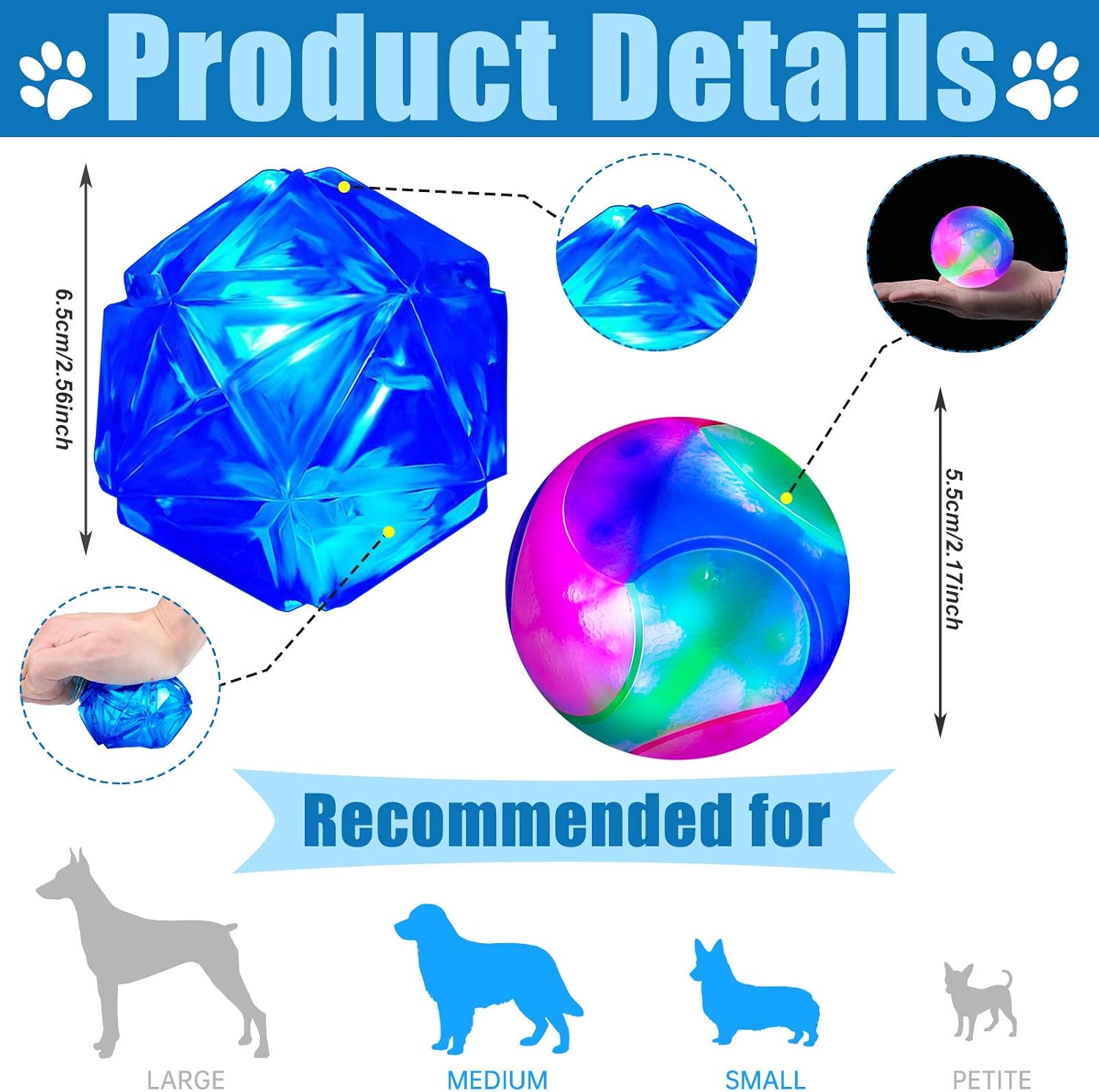 2 Pieces Light up Dog Ball Elastic Flashing Ball Glowing Interactive Dog Toy Ball Flash LED Dog Ball Toy Pet Color Light Ball Bounce-Activated for Dogs and Puppies (Stylish Style)