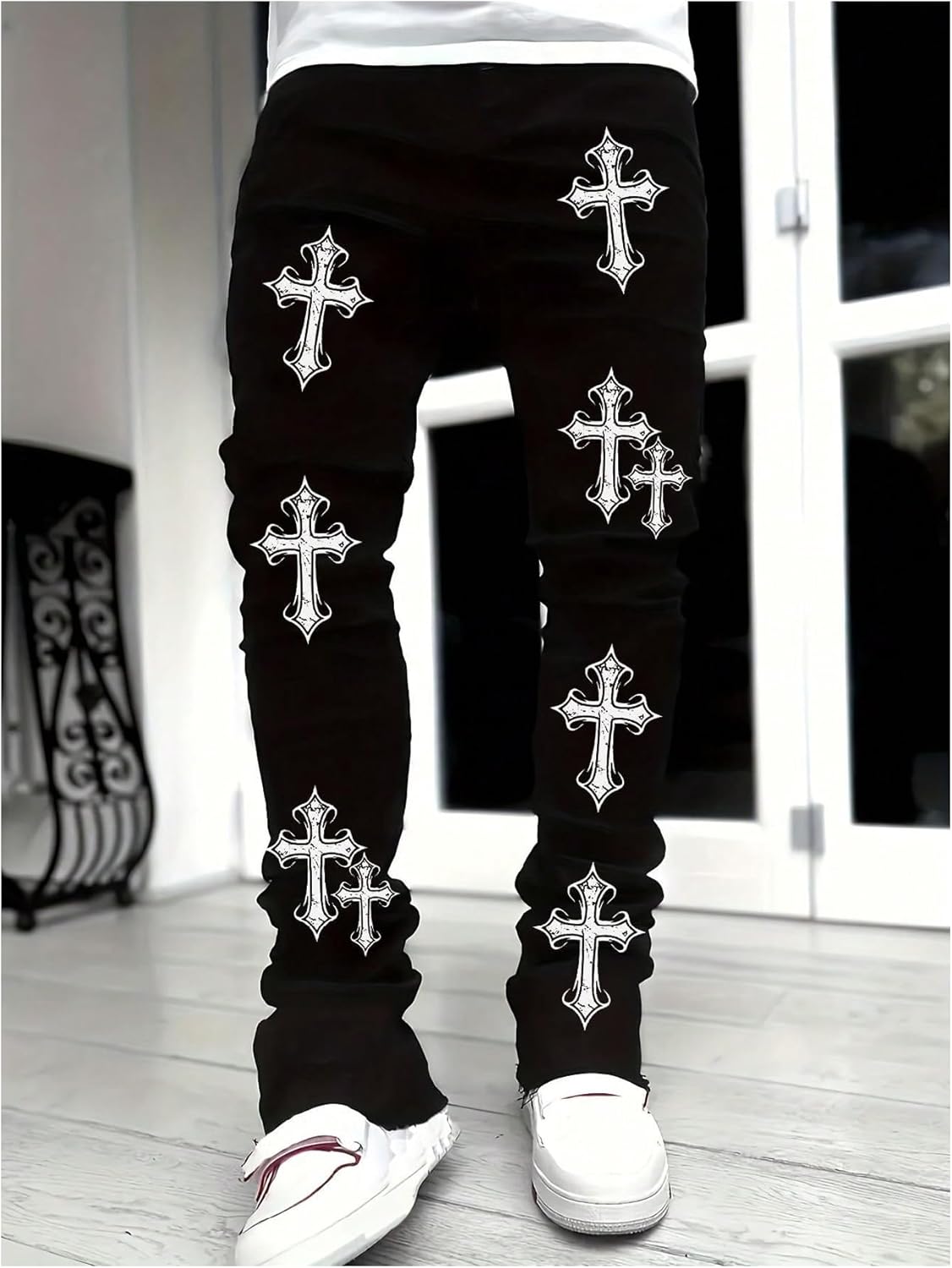 WDIRARA Men's Cross Graphic Jeans Raw Hem Long Denim Pants Streetwear - Image 5