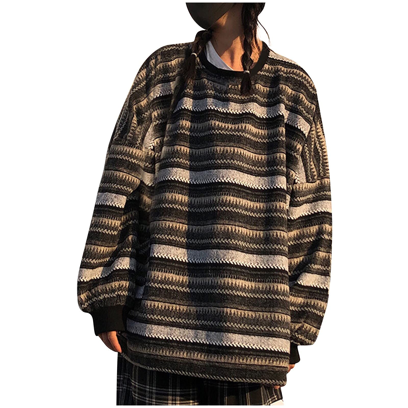 Sweatshirts for Women Loose Fit Y2k Sweater Striped Sweatshirt Pullover Oversize Vintage Knitted Long Sleeve Tops
