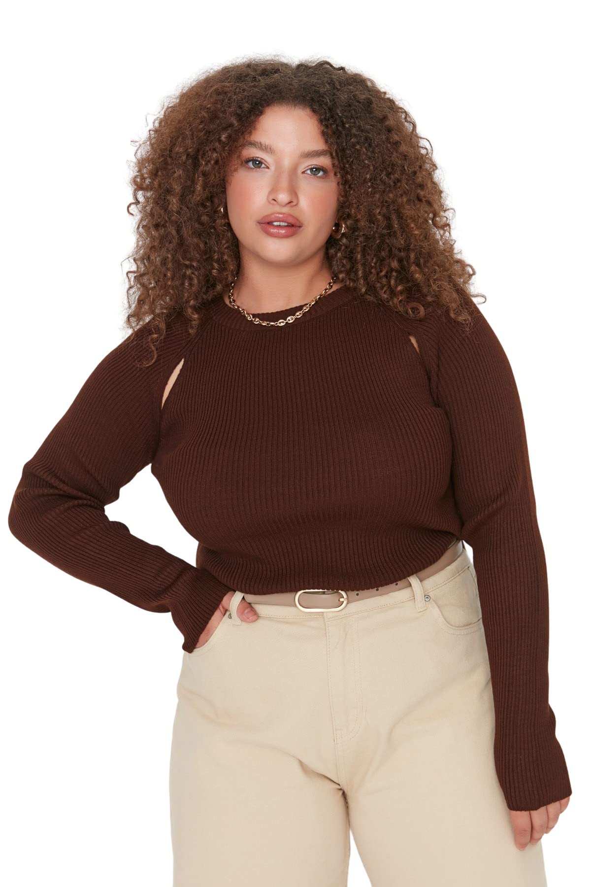 Trendyol Women's Regular fit Bodycon Crew Neck Woven Plus Size Jumper Sweatshirt, Brown, XXL