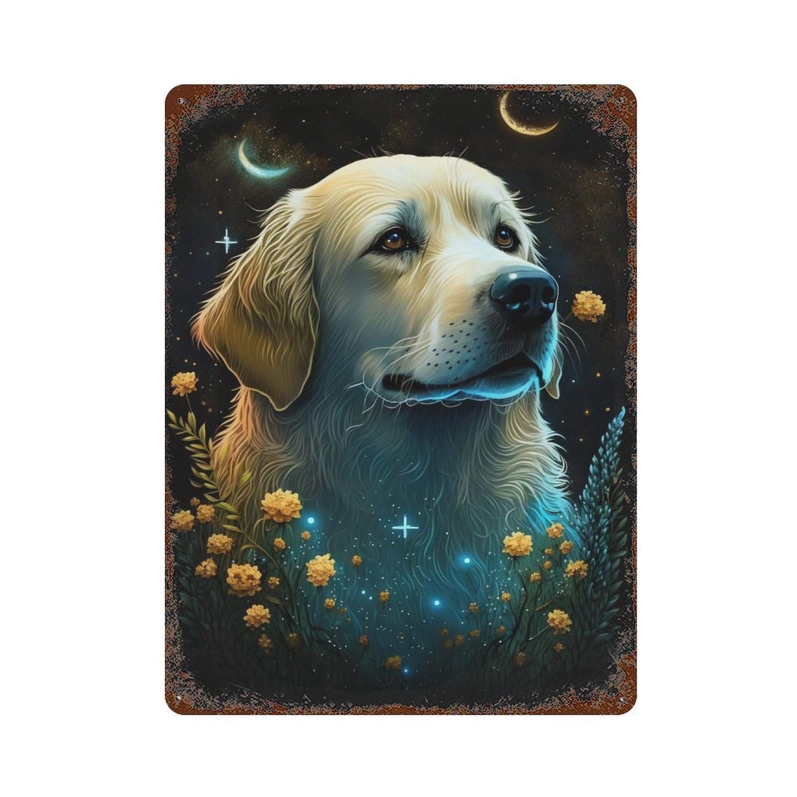 Golden Retriever Flower 15.7"x11.8" Distressed Metal Wall Sign, Shabby Chic Decor for Shed, Workshop And Garage Wall Decor