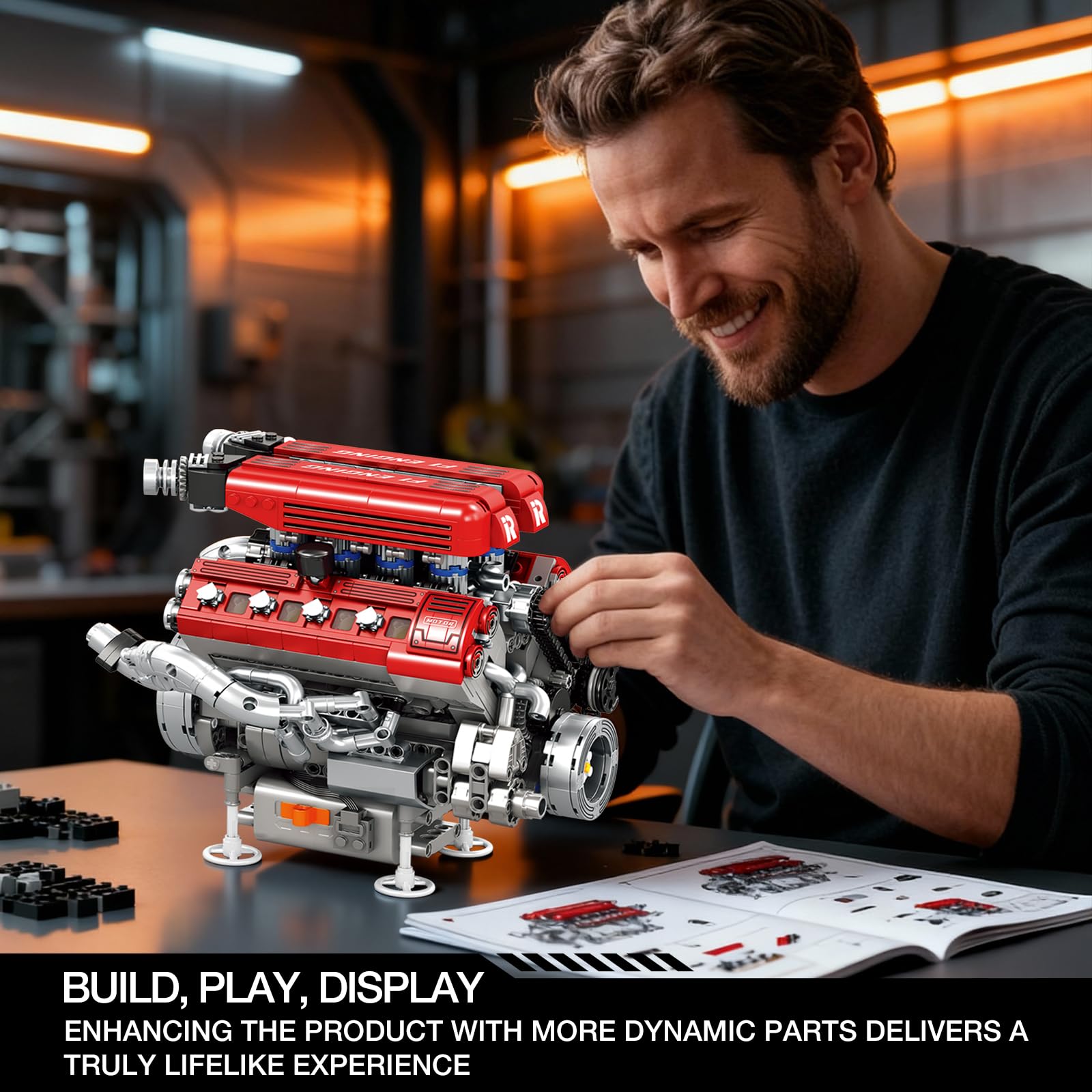 Reobrix 33015 Maquette Moteur V8 pour Adultes, Kit de Construction Mécanique 1101 Pièces avec Mouvement Réaliste des Pistons
