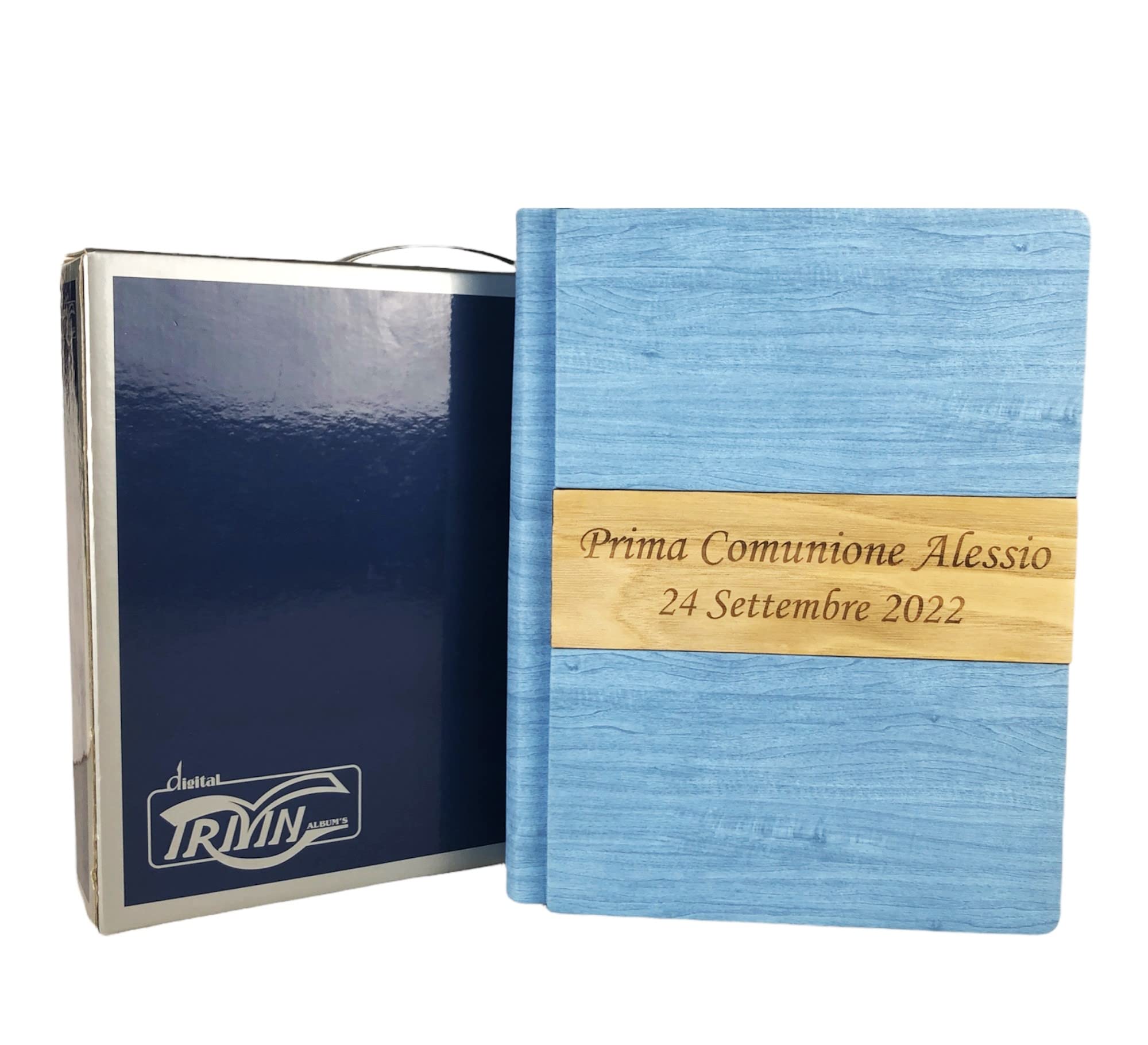 TriVin Art, Álbum de Fotos en Polipiel, con Aplicación de Madera Personalizable con Grabado. Ideal para Bautismo, Boda, Comunión y foto recuerdo.