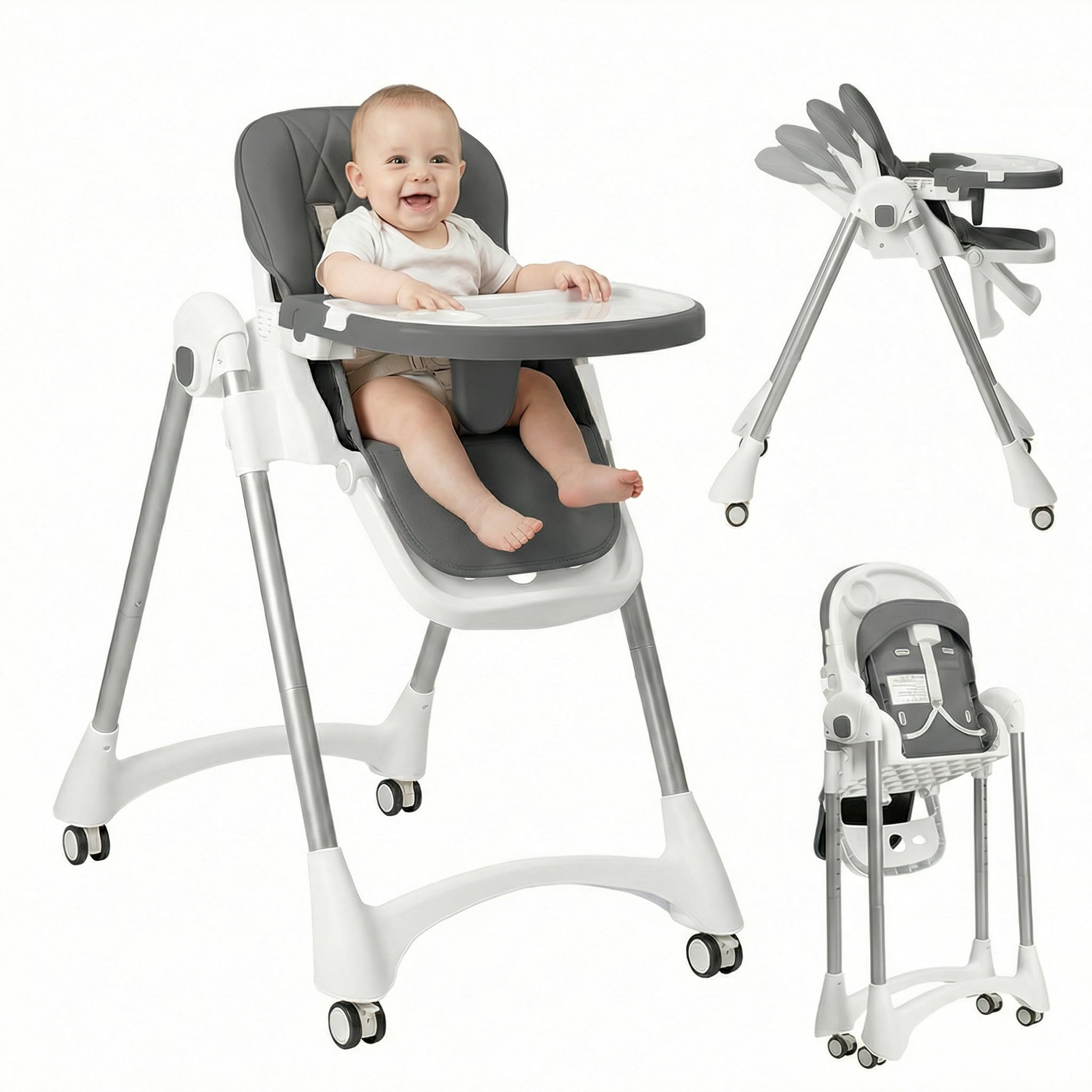 Trona para bebé, trona con cinturón de seguridad de 5 puntos, altura regulable, respaldo ajustable en 4 posiciones, trona combinada, reposapiés ajustable, mesa ajustable, plegable, gris
