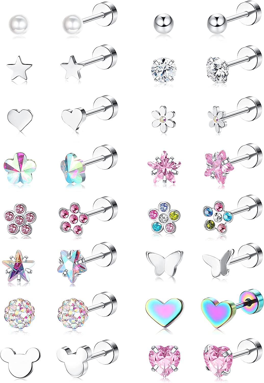 Diamday 16 Pares Pequeños Pendientes Cartílago para Niñas Mujeres Acero Inoxidable Piercing Pendientes Set CZ Corazón Flor Estrella Piercing Conch Pendientes Tragus Helix Piercing Joyería Multicolor