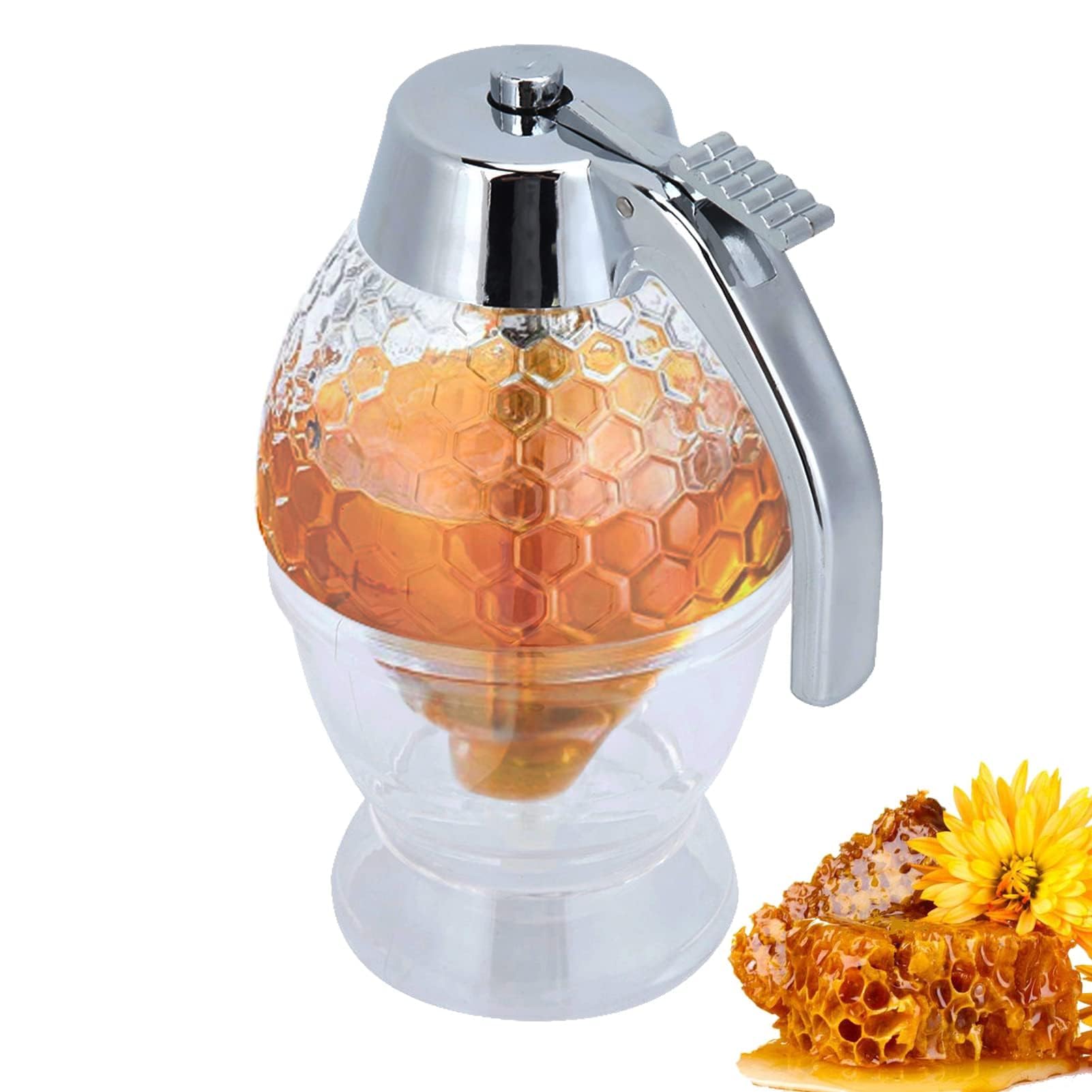 Agatige 8Oz Honey Dispenser with Stand, Clear No Drip Glass Honey Jar Bottle Honeycomb Acrylic Honey Pot Maple Syrup Honey Container for Syrup, Sugar, Sauces, Condiments