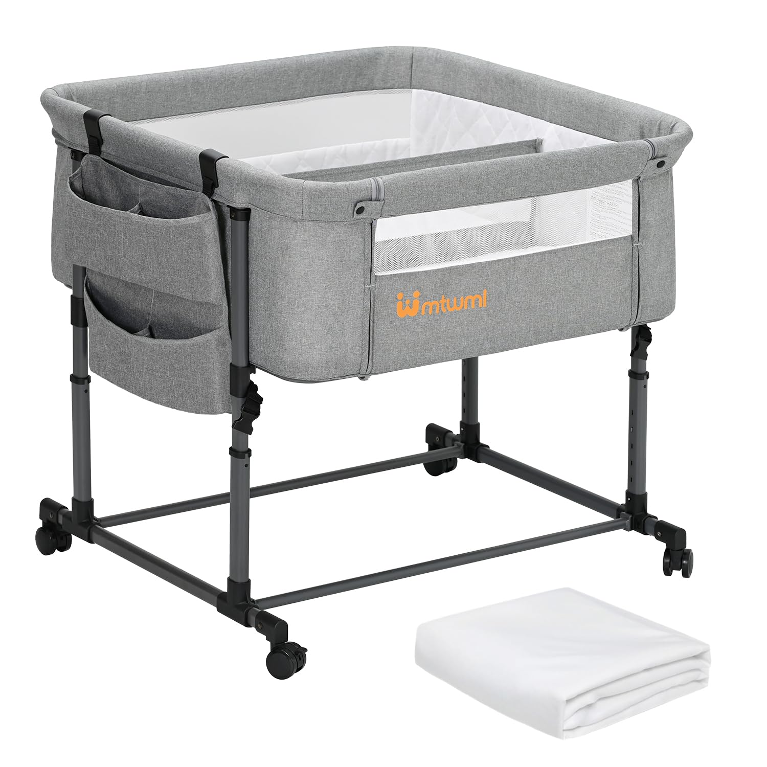 MTWML Twin Bassinet 2 Baby Portable Twins Crib with Storage Bag and Interchangeable Mattress Cover Adjustable Height Double Bedside Crib with Straps Attaches to Bed for 0-6 Months Twins (Light Grey)