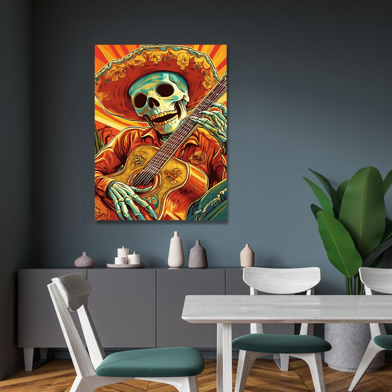 CHERHERART Chitarra Musica Scheletro Tela Stampe Opere d'arte per vivere Casa Cucina Pranzo Cafe Happy Country Teschio Tela Decorazione della parete 80x120cm Innerframe