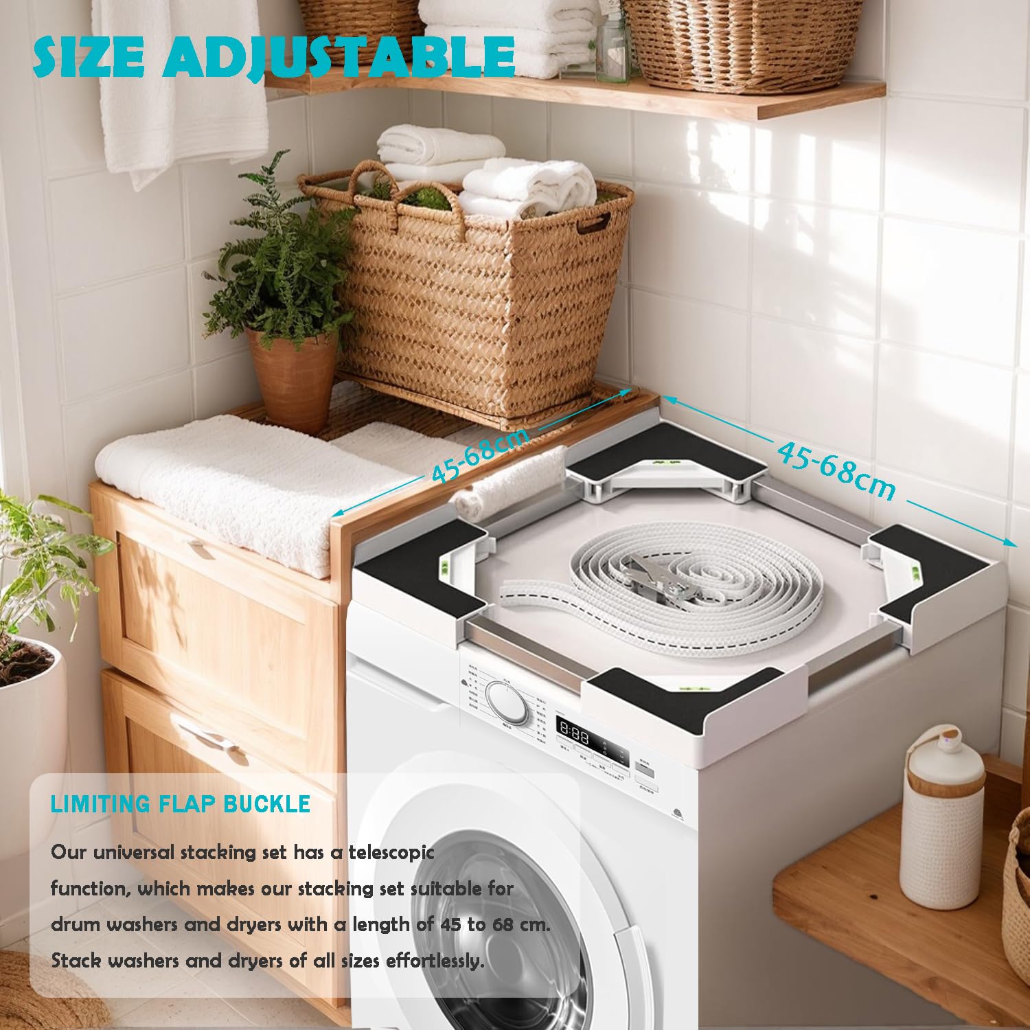 Kit Sovrapposizione Lavatrice & Asciugatrice Universale | Sistema di Impilaggio Regolabile 45-68cm/17.7-26.8" con Cinghia a Rullino | Anti-Vibrazione & Installazione Senza Fori per Candy/Whirlpool