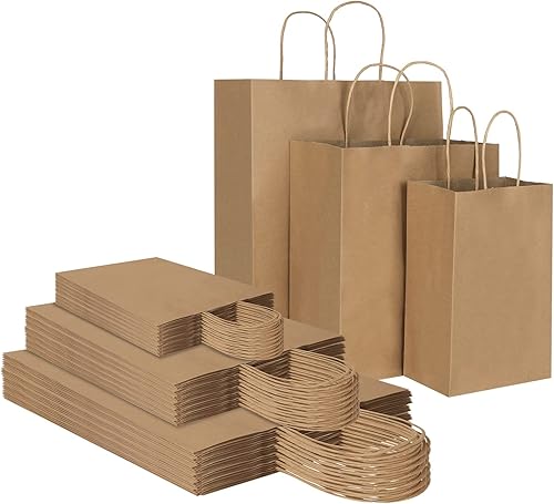 Toovip Paquete de 90 bolsas de papel kraft marrón liso con asas a granel, múltiples 3 tamaños surtidos, bolsas de regalo para regalos, compras, disponible en Yaxa Colombia