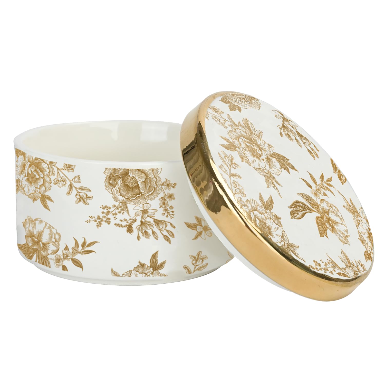 Sweet Water Decor Gold Delft Round Trinket Box, Jewelry Storage for Nightstand, Dresser, or Counter, Small Ring &amp; Keepsake Storage, Elegant Gift for Wedding, Anniversary or Hostess