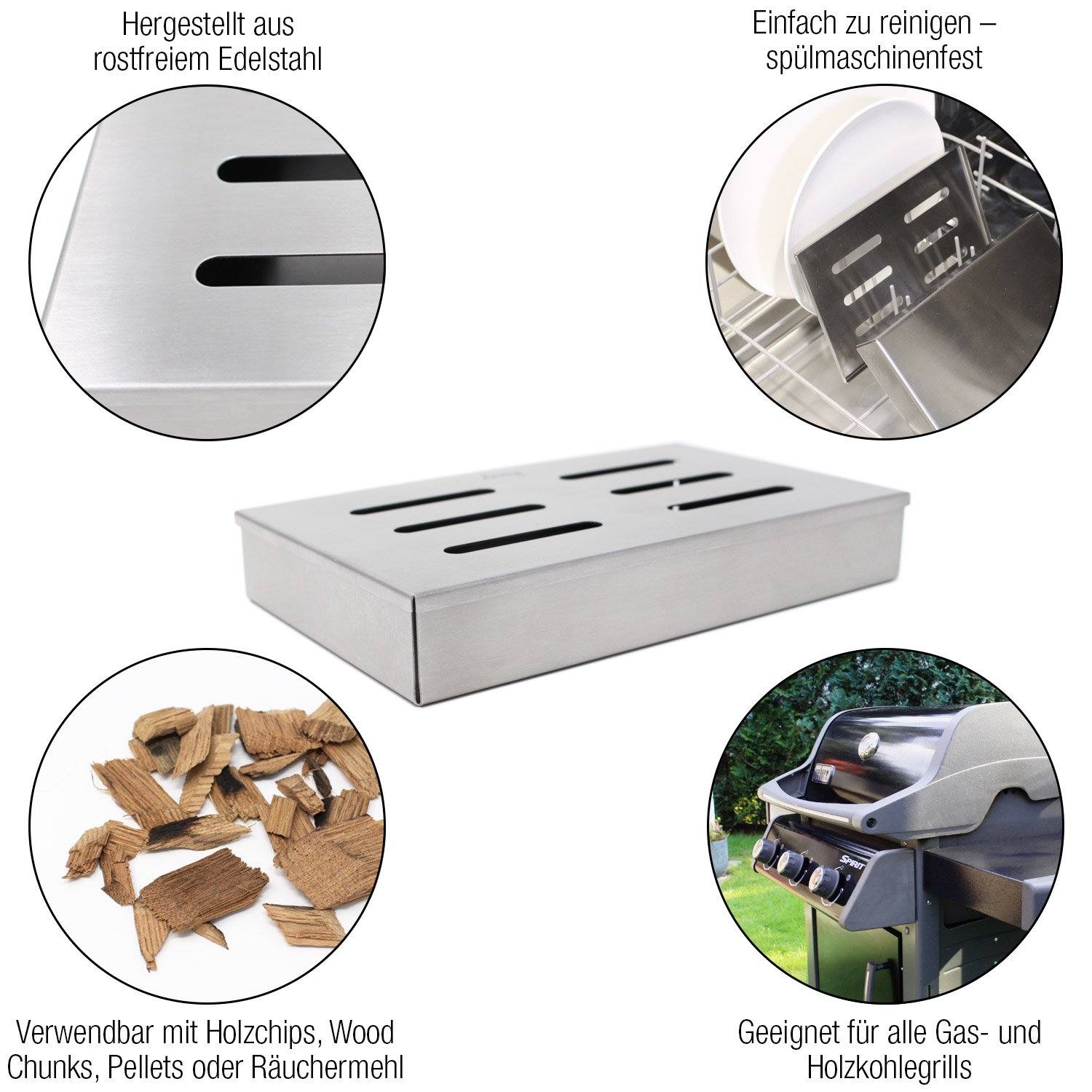 AMAZY Affumicatore Box in Acciaio Inox con 2 spiedini per Grill e 2 Tipi di Chips Diverse - Affumicatore Barbecue Offre al Pesce o alla Bistecca Il Tradizionale Sapore del Barbecue Americano