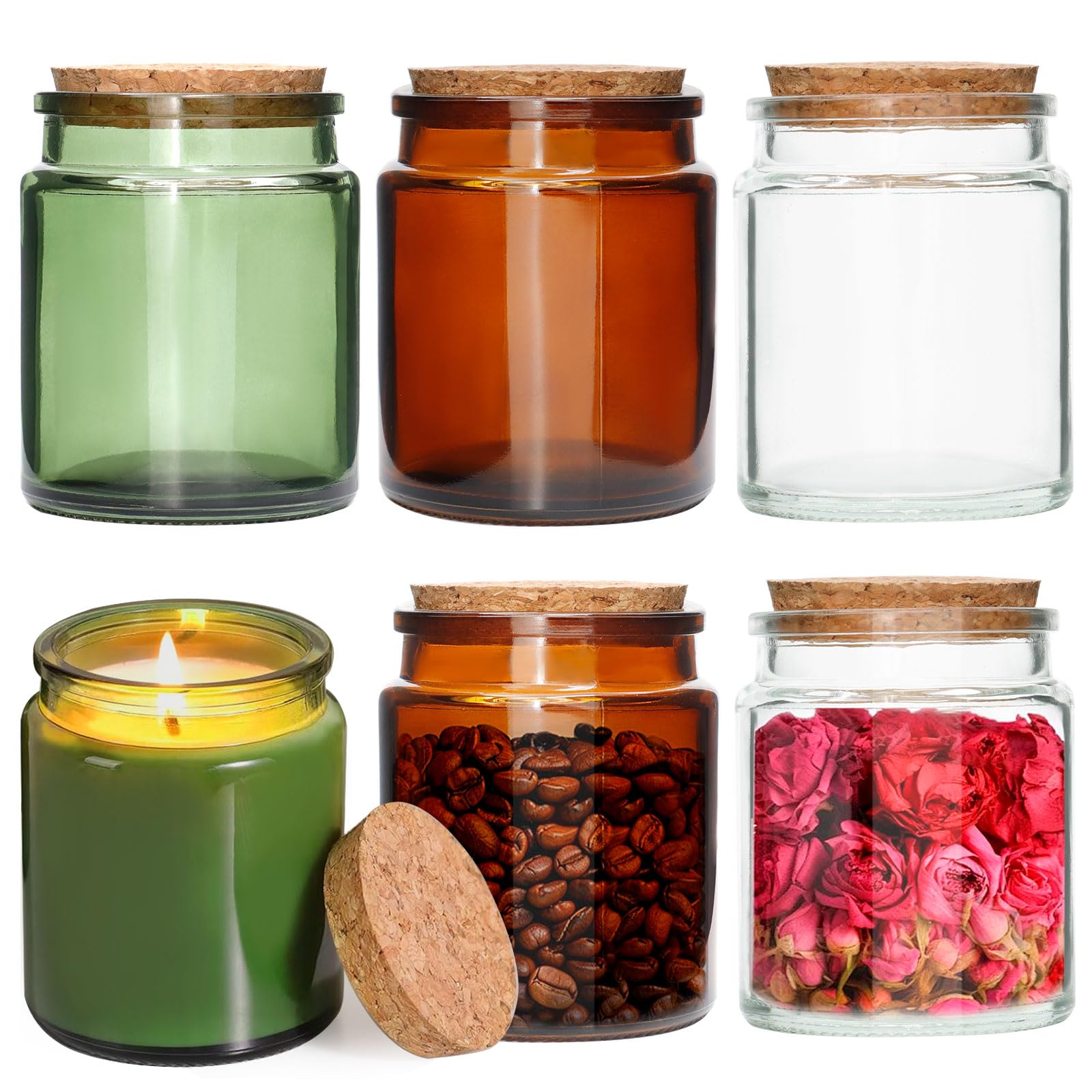 Acetiti 6 Pack Glass Jars with Cork Stopper Lids, 200ml/7 oz Clear Empty Storage Jar Thick Glass Favor Jars Canister Jar Containers for DIY Organiser Spices Coffee Sugar Tea (Clear, Amber, Green)