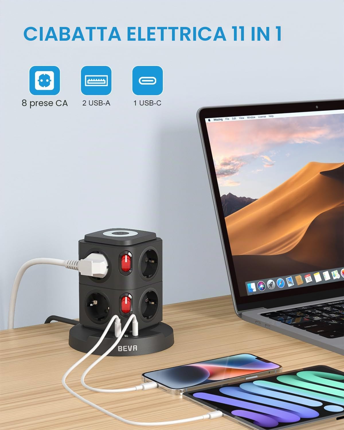 BEVA Multipresa Verticale, Ciabatta Multipresacon 3 Porte di Carica USB e 8 Prese EU Multipresa Elettrica con Luce Notturna e Protezione da Sovraccarico, 2500W/10A 2M Cavo