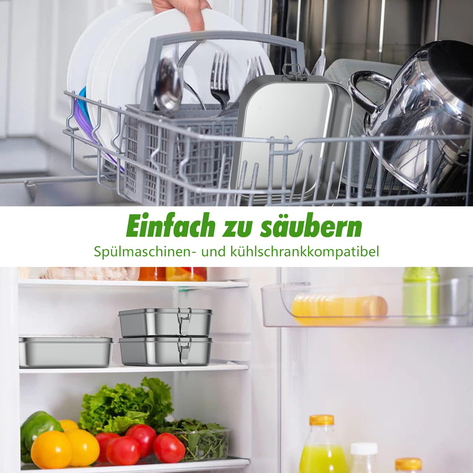 Brotdose Edelstahl mit Fächern, Lunchbox Auslaufsicher 1200ml, Brotzeitdose mit Trennwänd, Brotdosen Metall für Erwachsene & Kinder - 5