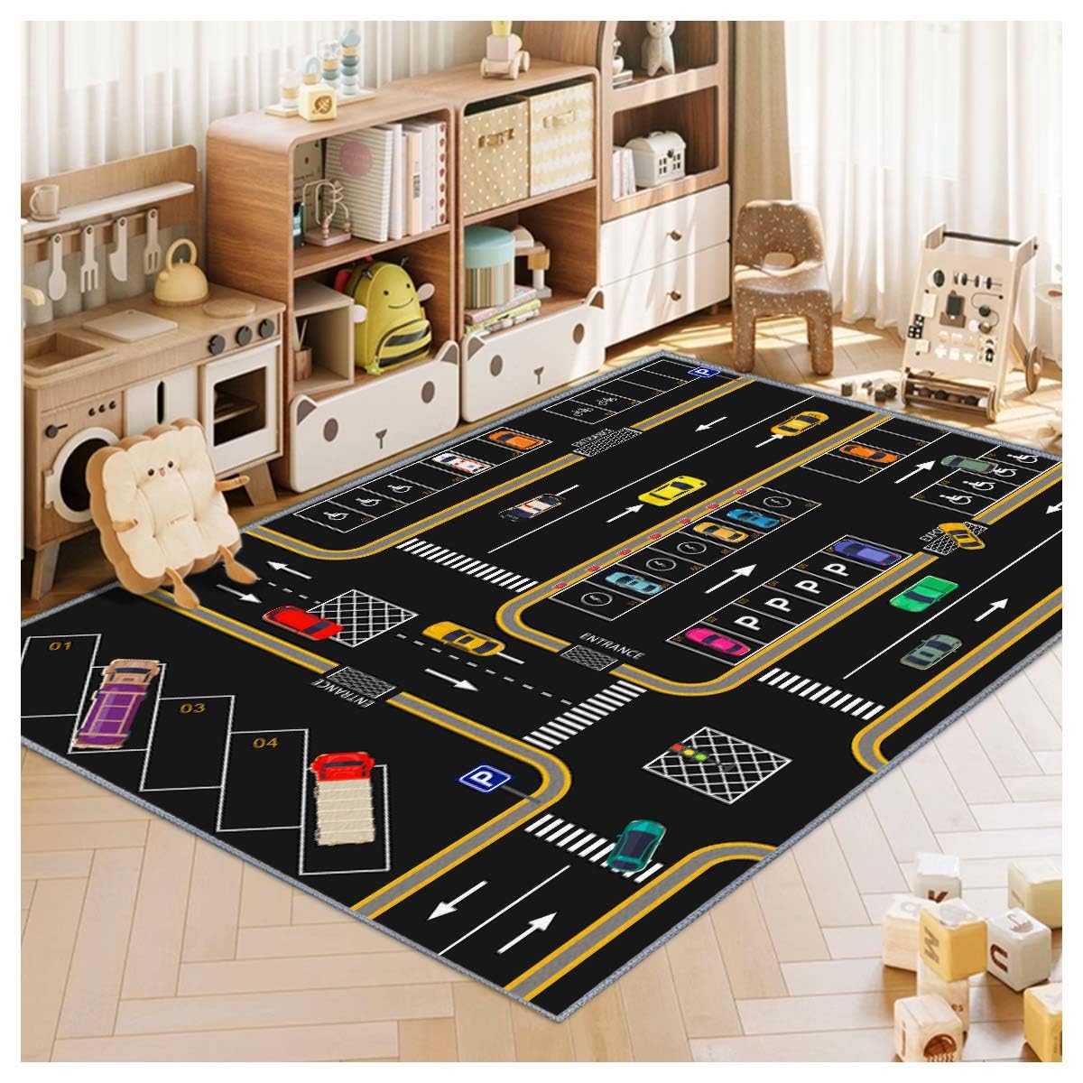 Kids Rug,Children's Room Rug, Fun Car Park Kids Play Mat, Rail City Living Carpet, Washable Non-Slip Children's Carpet (Parking, 47x71in)