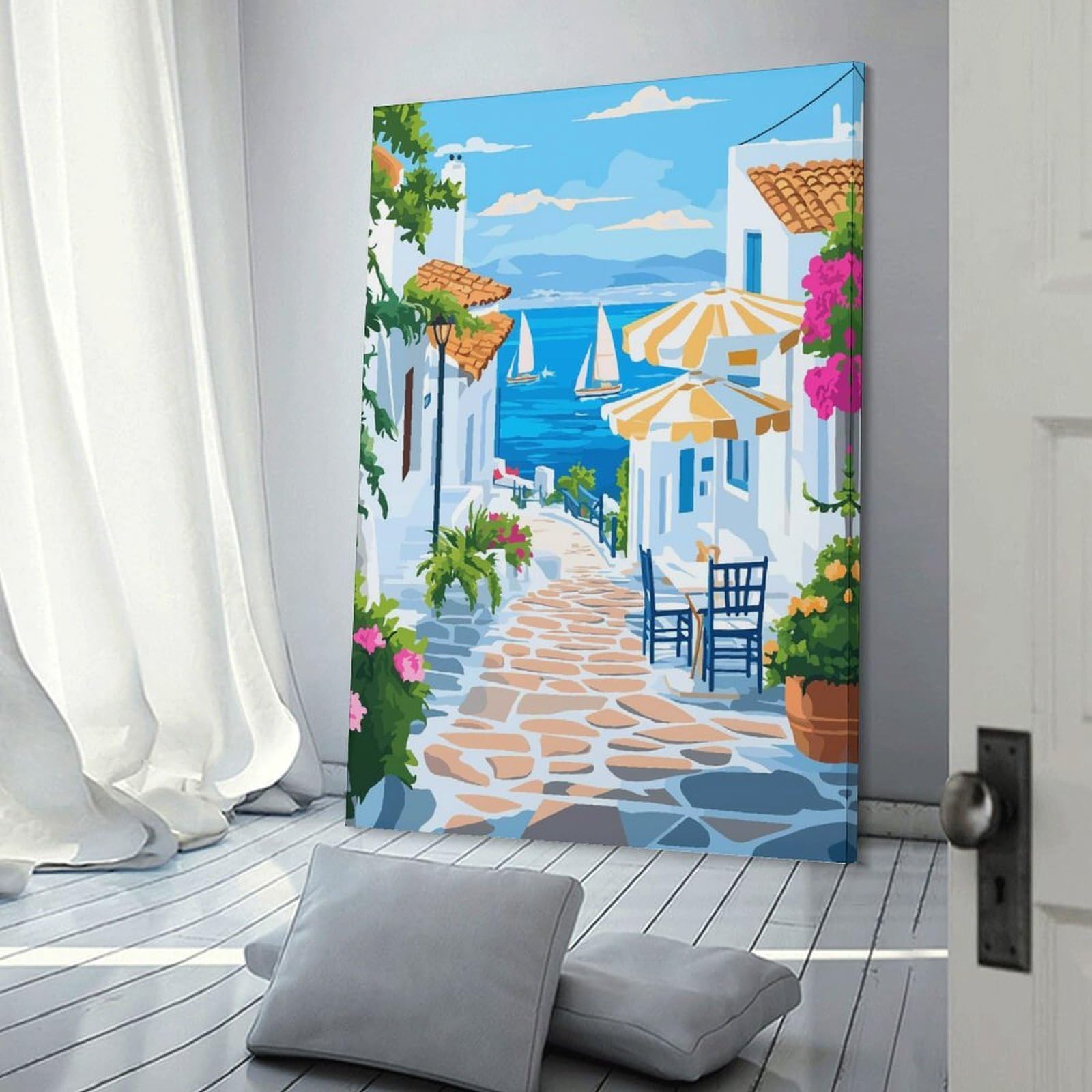 Junmoney Greek Island Street Scene Home Decor Wall Art 08x12inch(20x30cm), for Office, Study Or Home Workspace, Home Office Artwork with Decorative Appeal