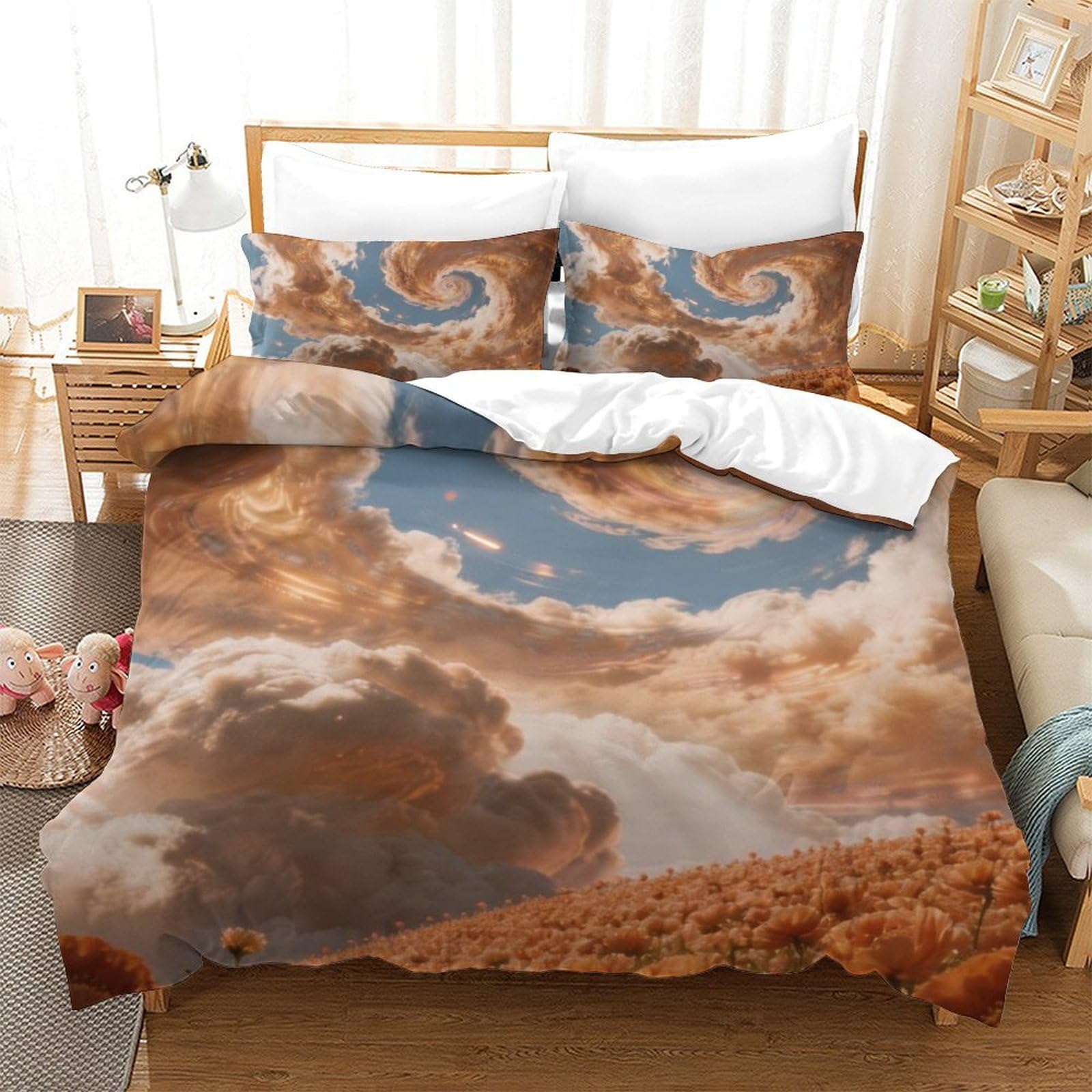 Ensemble de literie nuages doux 140x200 en microfibre à motif ciel tridimensionnel