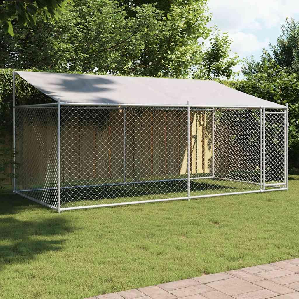 vidaXL Jaula de Perros Techo y Puerta, Perrera de Malla para Cachorros, Corral para Animales, Caseta de Exterior, Acero Galvanizado Gris