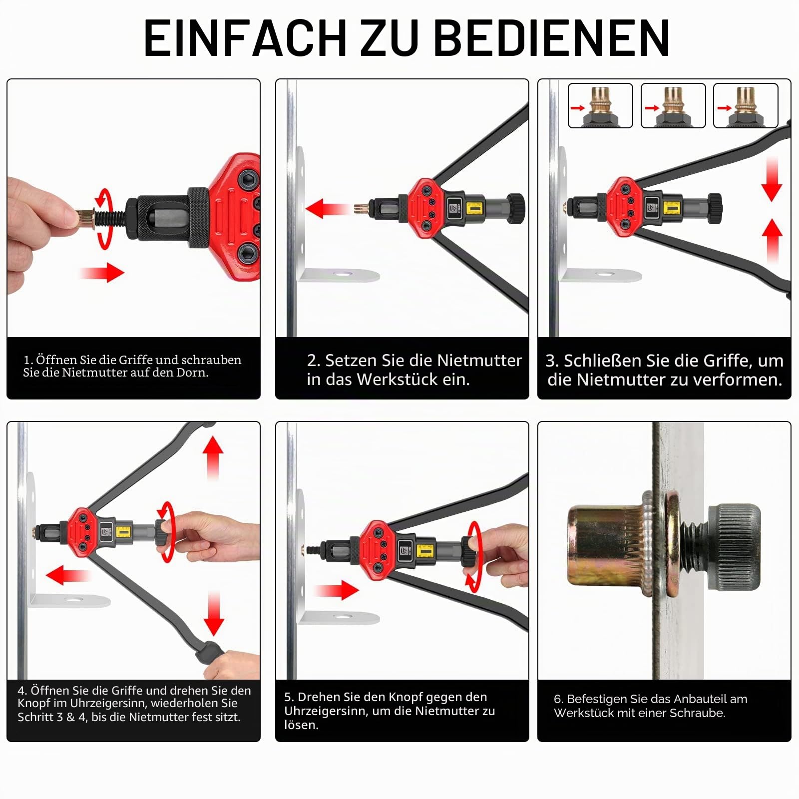 Nietmuttern-Werkzeug, GIANTISAN 40,6 cm Nietmutter-Werkzeug-Set mit 12 metrischen und SAE-Dornen, 176-teiliges Nietmutter-Sortimentskit und robuster Tragetasche