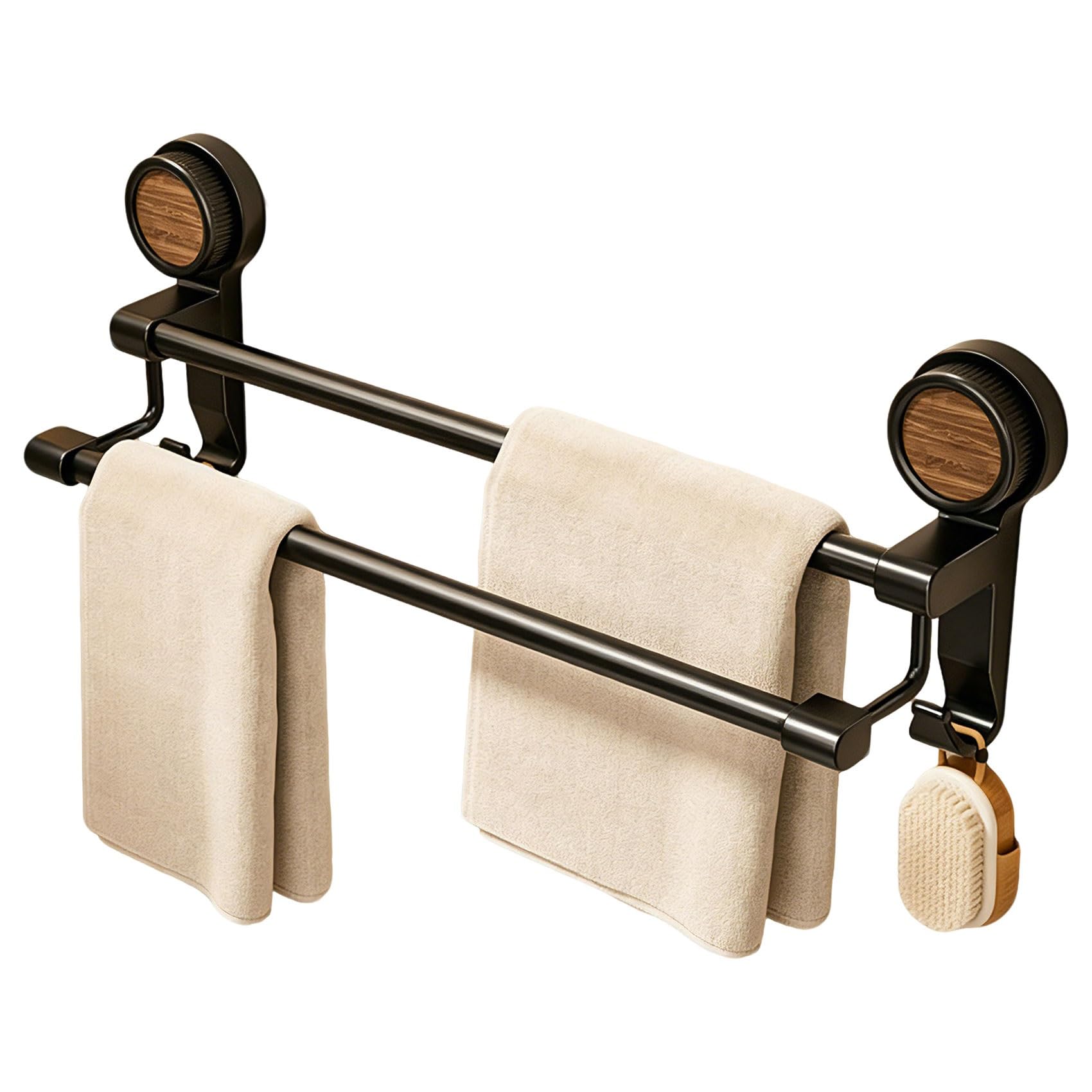Yavyav One Color Suction Cup Towel Bar No Drill Heavy Duty Double Towel Rack Black Waterproof Rustproof Wall Mounted Rail Hanger Holder For Bathroom Kitchen Shower Glass Door(60Cm/23.6In)