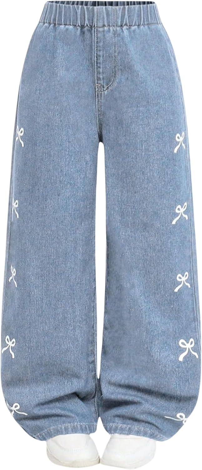 oyyniis Girls Jeans with White Bow Wide Leg High Waisted Elastic Denim Pants Cute Casual Preppy School Outfit 8-12Y