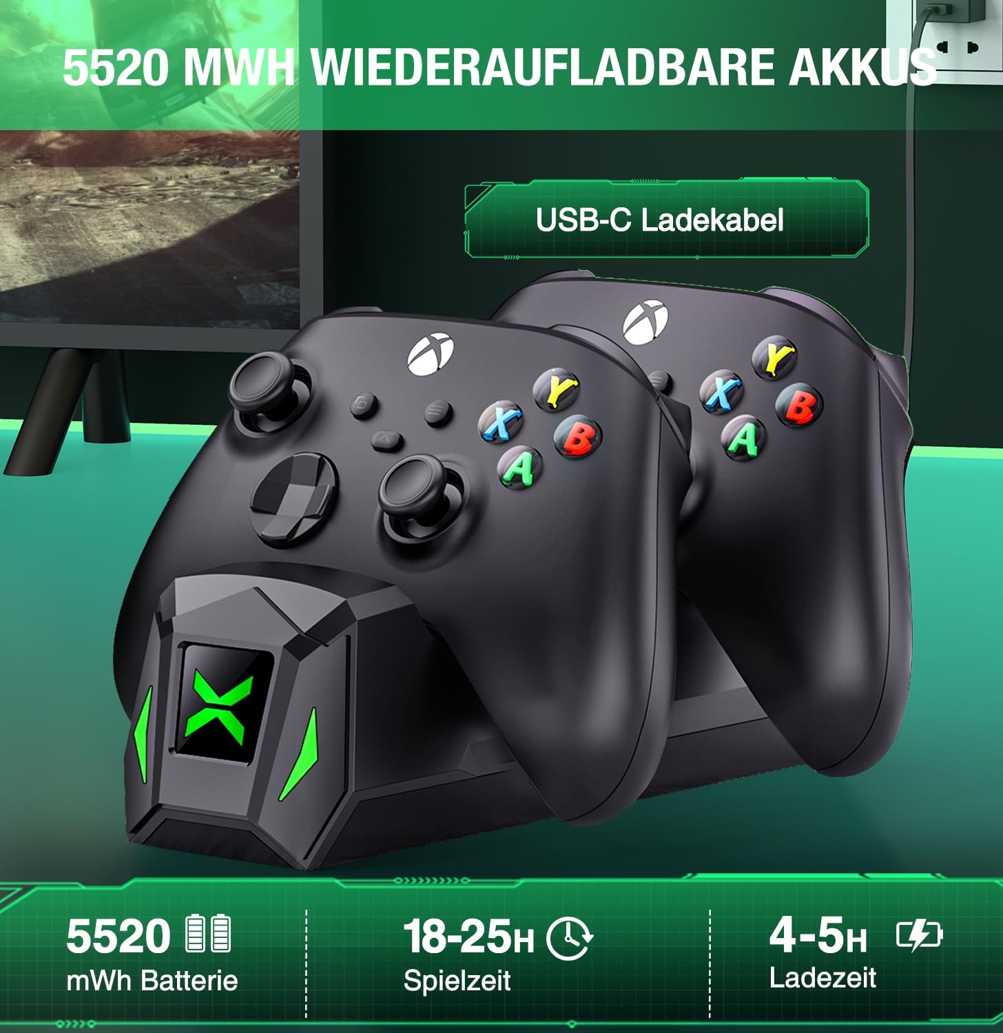 Elegamefy Stacja ładująca kontrolera z akumulatorem 2 x 5520 mWh do Xbox Series X|S, zestaw baterii do Xbox One/One S/X/Elite z 4 pokrywkami akumulatorowymi akcesoria