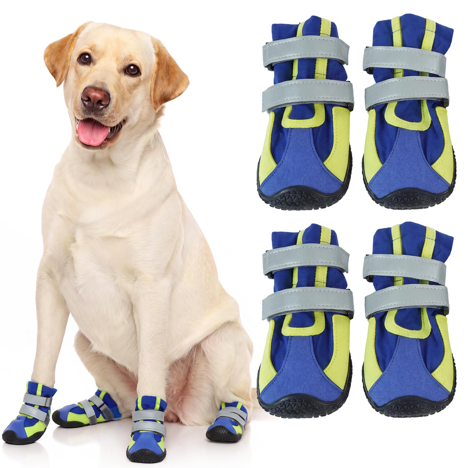 Hjyokuso Dog Boots, 4Pcs Waterproof Dog Shoes with Fleece Lining and Anti-Slip Rubber Sole, Double Adjustable Straps with Reflective Strip, Paw Protectors for Rain, Mud, Winter Walks,5# YellowBlue