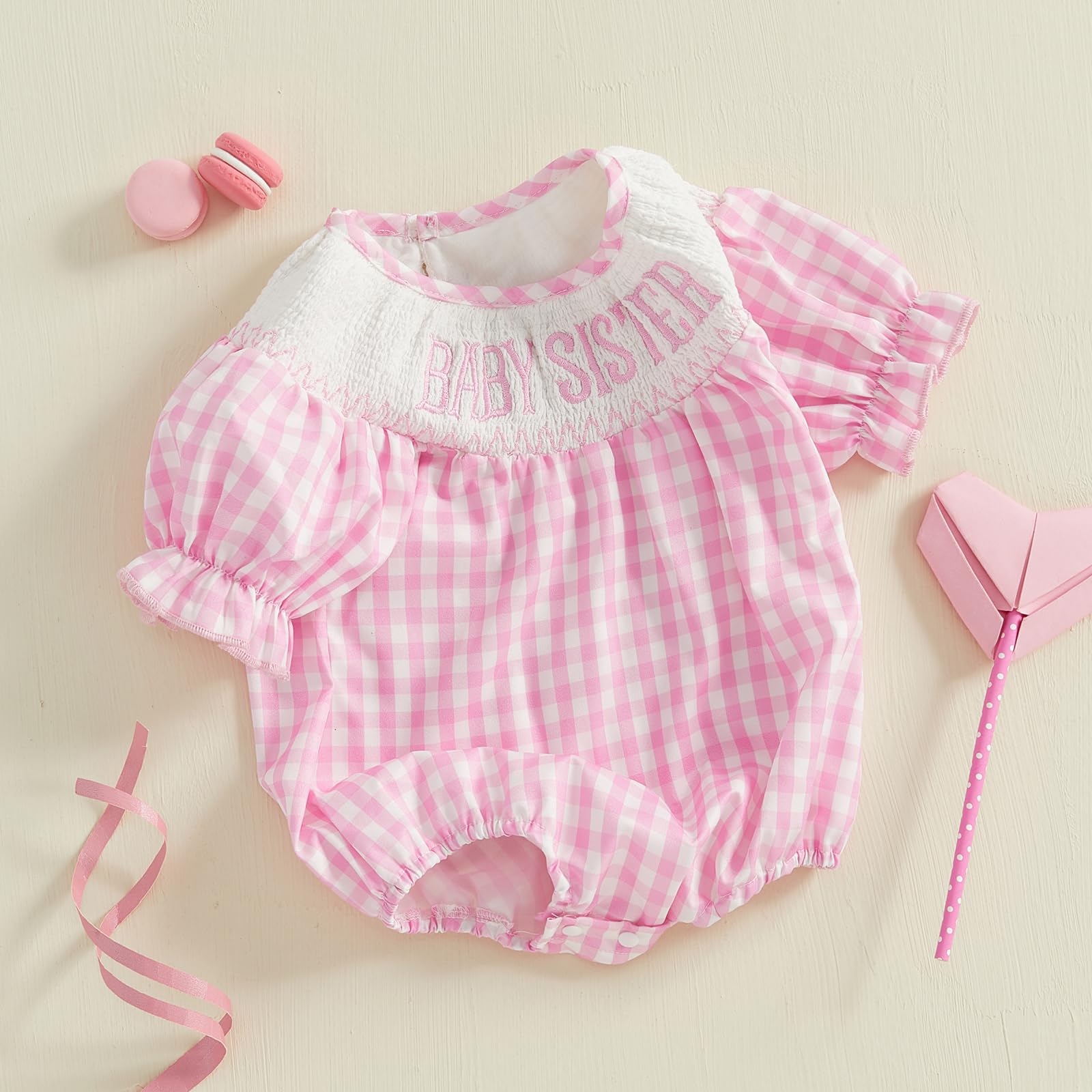 GOOCHEER Big Sister Baby Sister Matching Outfits Summer Short Sleeve Smocked Bubble Romper Plaid Smocked Dress Spring Clothes (Pink, 0-3 Months)
