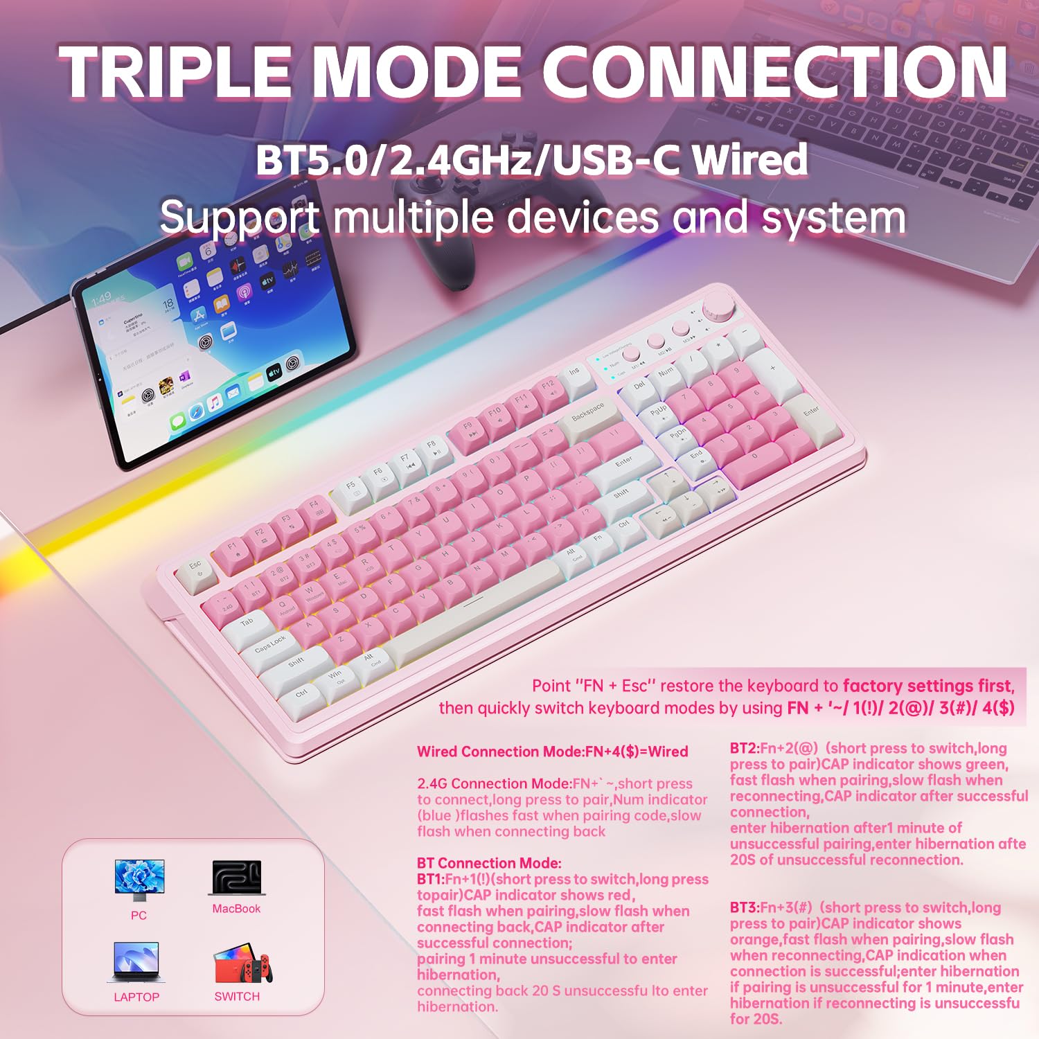 AULA 99 Key Keyboard, Wireless Gaming Keyboard Bluetooth Computer Keyboards Creamy Cute with Number Pad RGB Backlit Tri-Mode BT/2.4GHz/USB-C - Pink - 3