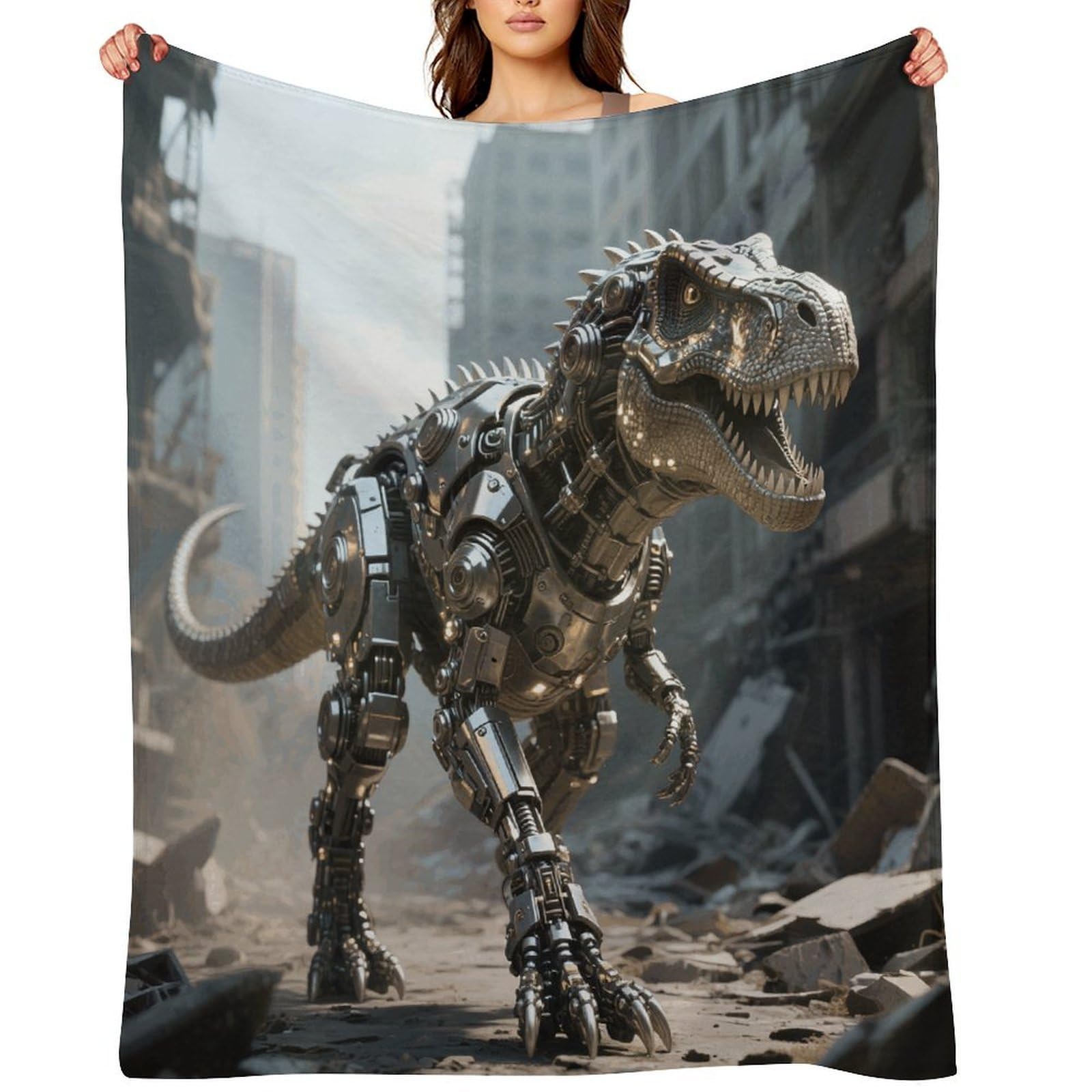 A Mechanical Dinosaur in A Ruined City Throw Blanket for Couch and Bed Super Soft Warm Lightweight Throw Blankets Cozy Fuzzy Flannel Blanket Personalized Decorative Blankets for Sofa Decor 40"x50"