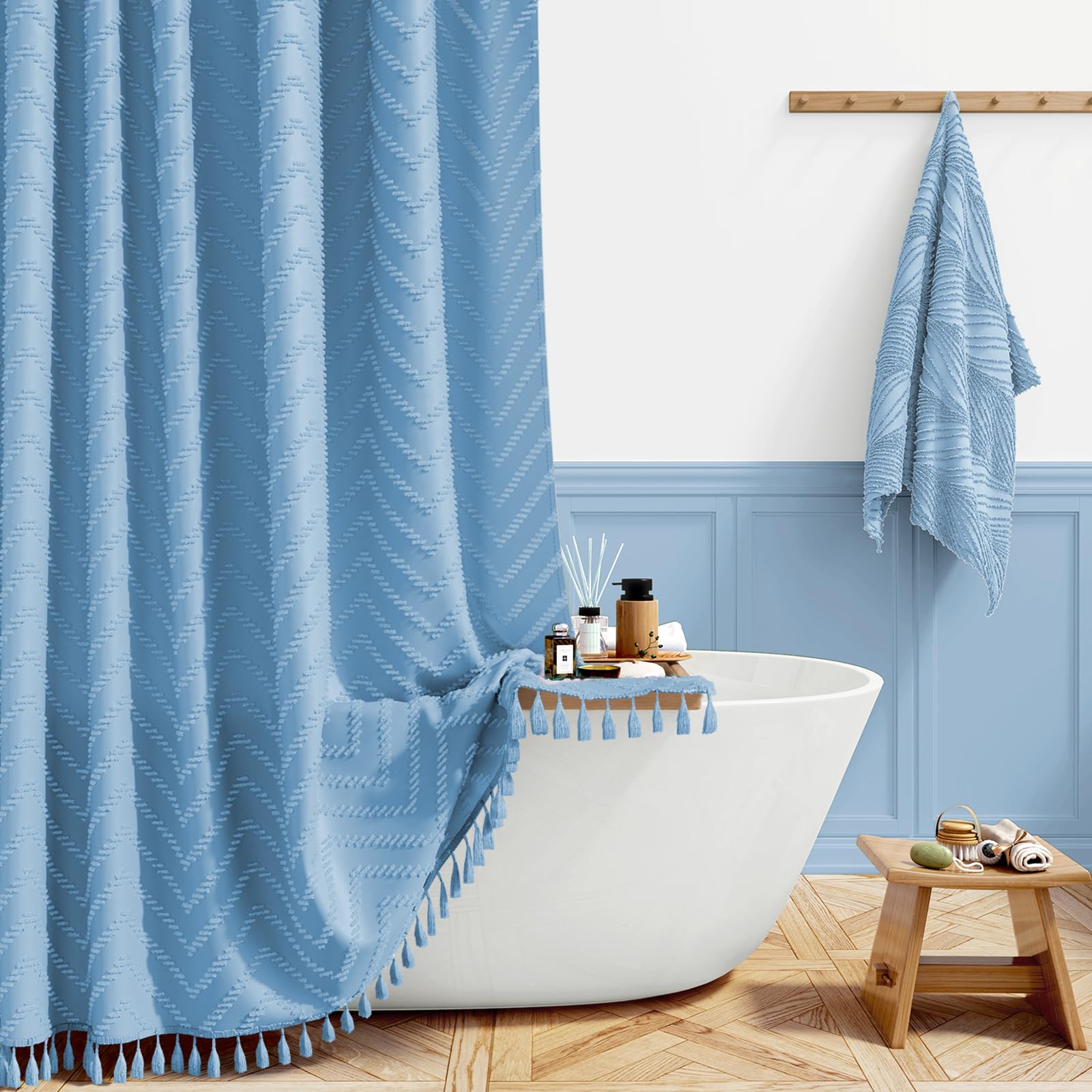 Bttn Moonlight Blue Boho Tufted Chevron Shower Curtain, 183X186cm,