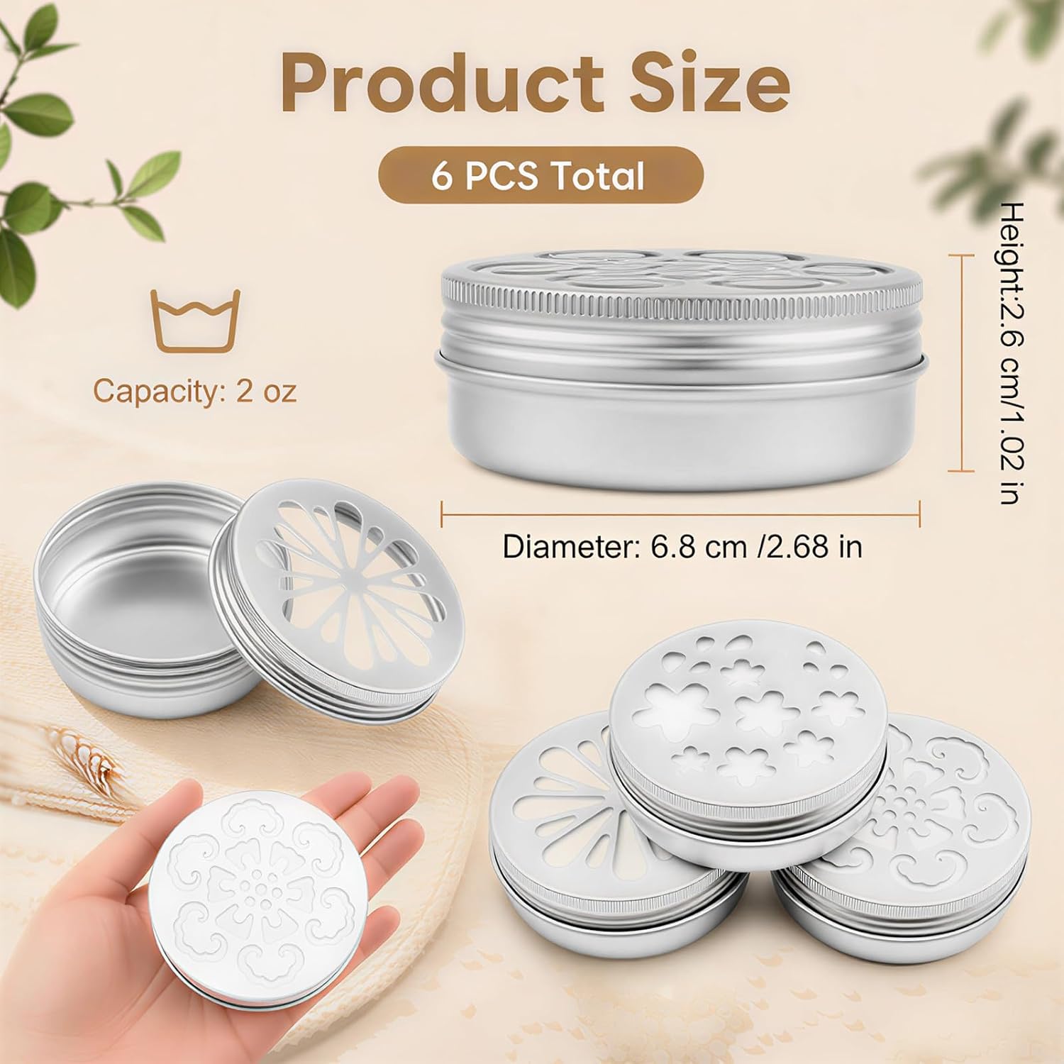 6 Pcs Scent Beads Container, 2 OZ Tins Storage Containers with Hollow Lids