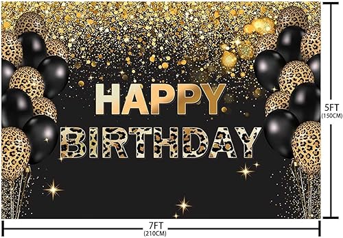 Miniatura 5 de Sendy SENDY - Telón de fondo de feliz cumpleaños de 7 x 5 pies, leopardo negro y dorado con purpurina bokeh, fondo de fotografía de leopardo dorado,