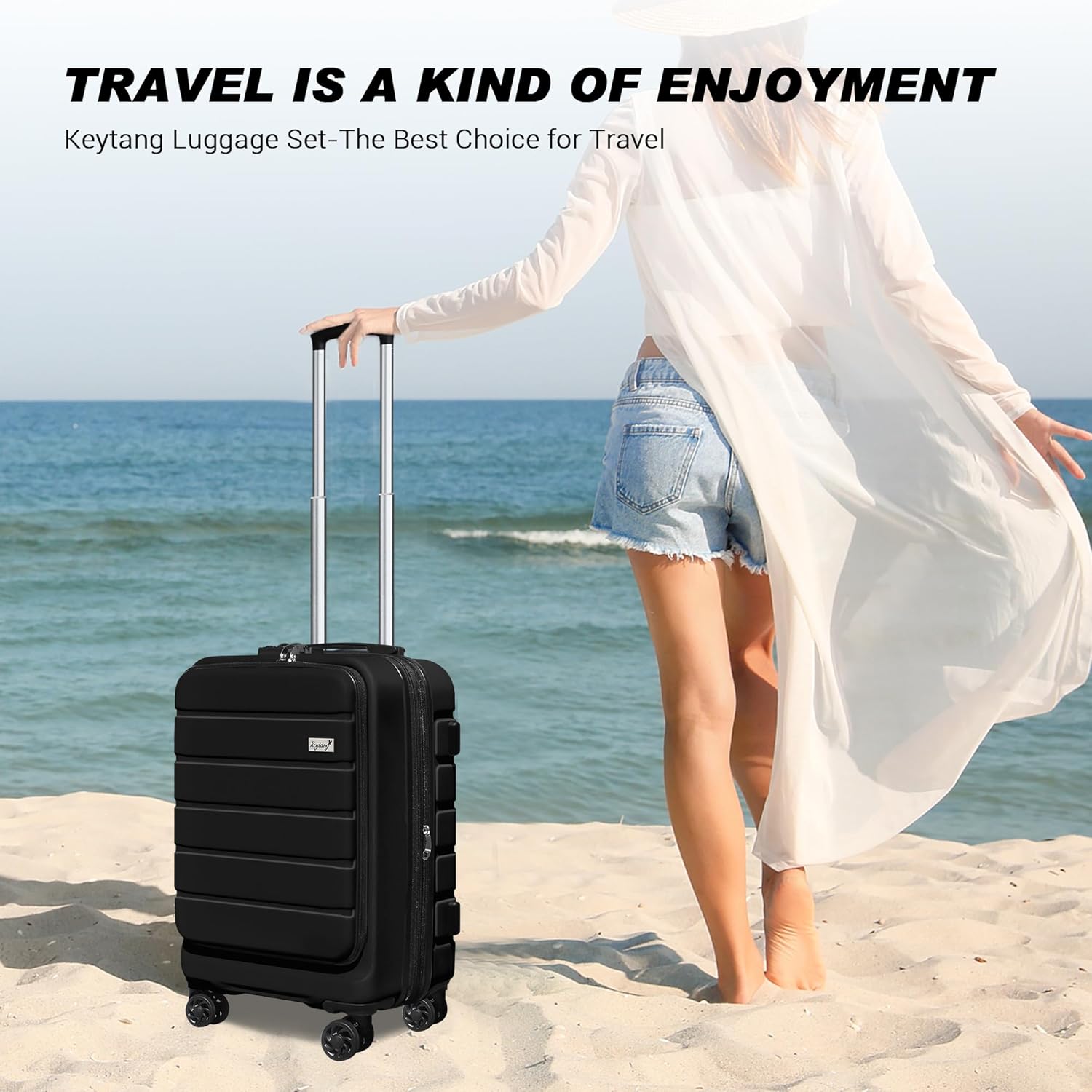 KEYTANG Explorer 20 Inch Carry On - Hardshell Suitcases with Front Pocket, Black