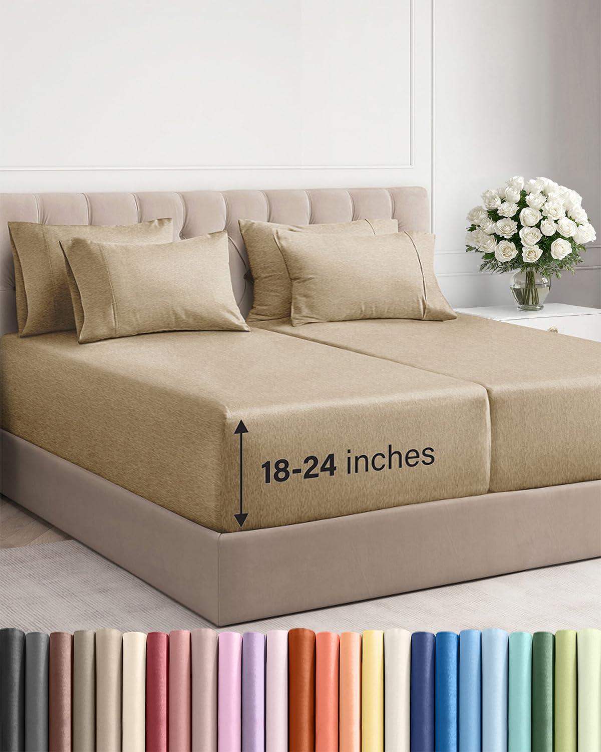 CGK Extra Deep Split King Sheet Set - 7pc Cooling Sheets - Heathered Tan