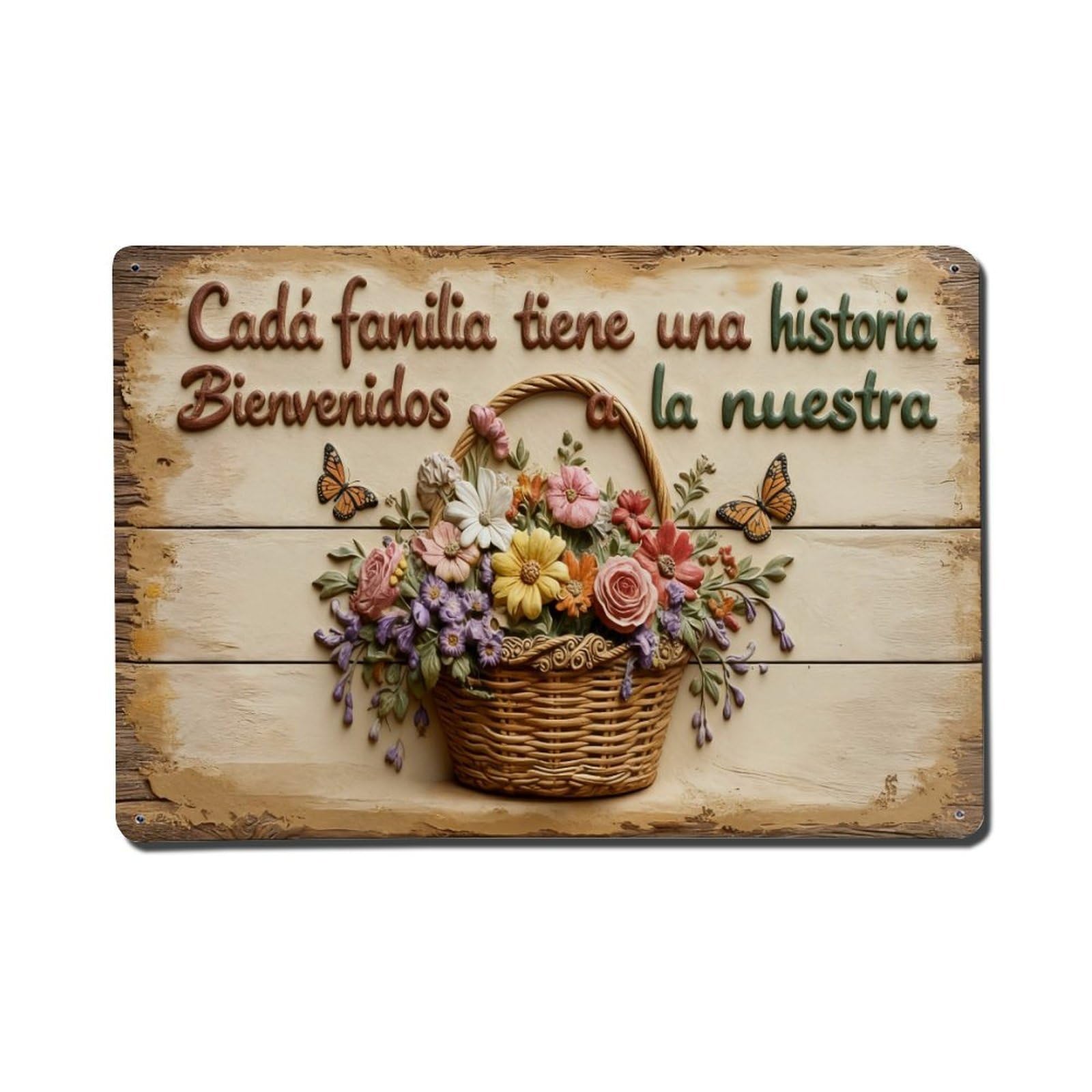 Iageret Vintage Flower Basket Butterflies Wood Background Metal Tin Sign Retro Wall Decor, Bar Garage Cafe Kitchen Home Wall Art Poster Decoration 8X12inches