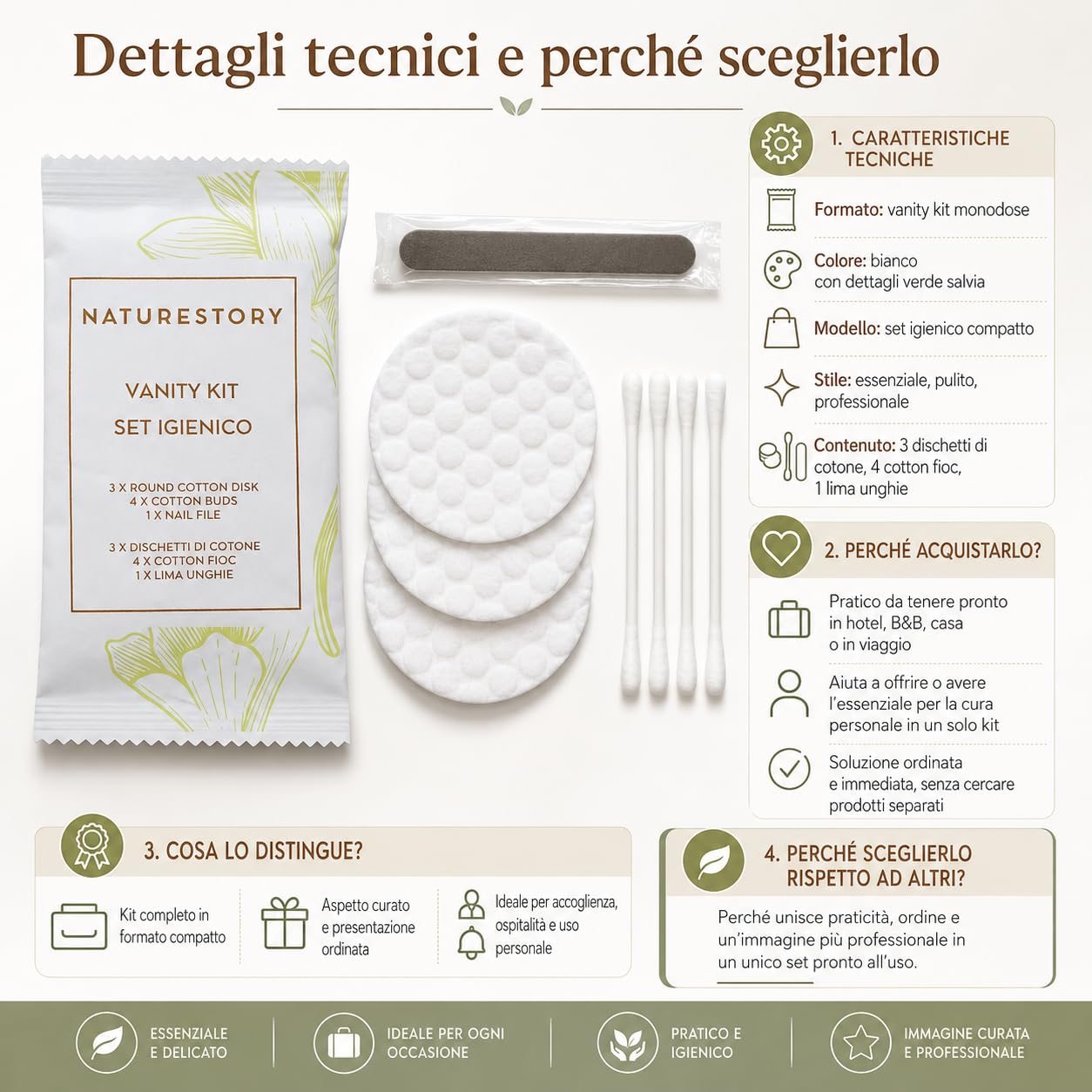 Maqa Vanity Einweg-Set für Gäste, 3 Make-up-Entferner-Pads, 4 Wattestäbchen, 1 Nagelfeile, elegante Einzelpackung für Hotel, B&B, Ferienhäuser, Spa, hygienisch und gebrauchsfertig (100)