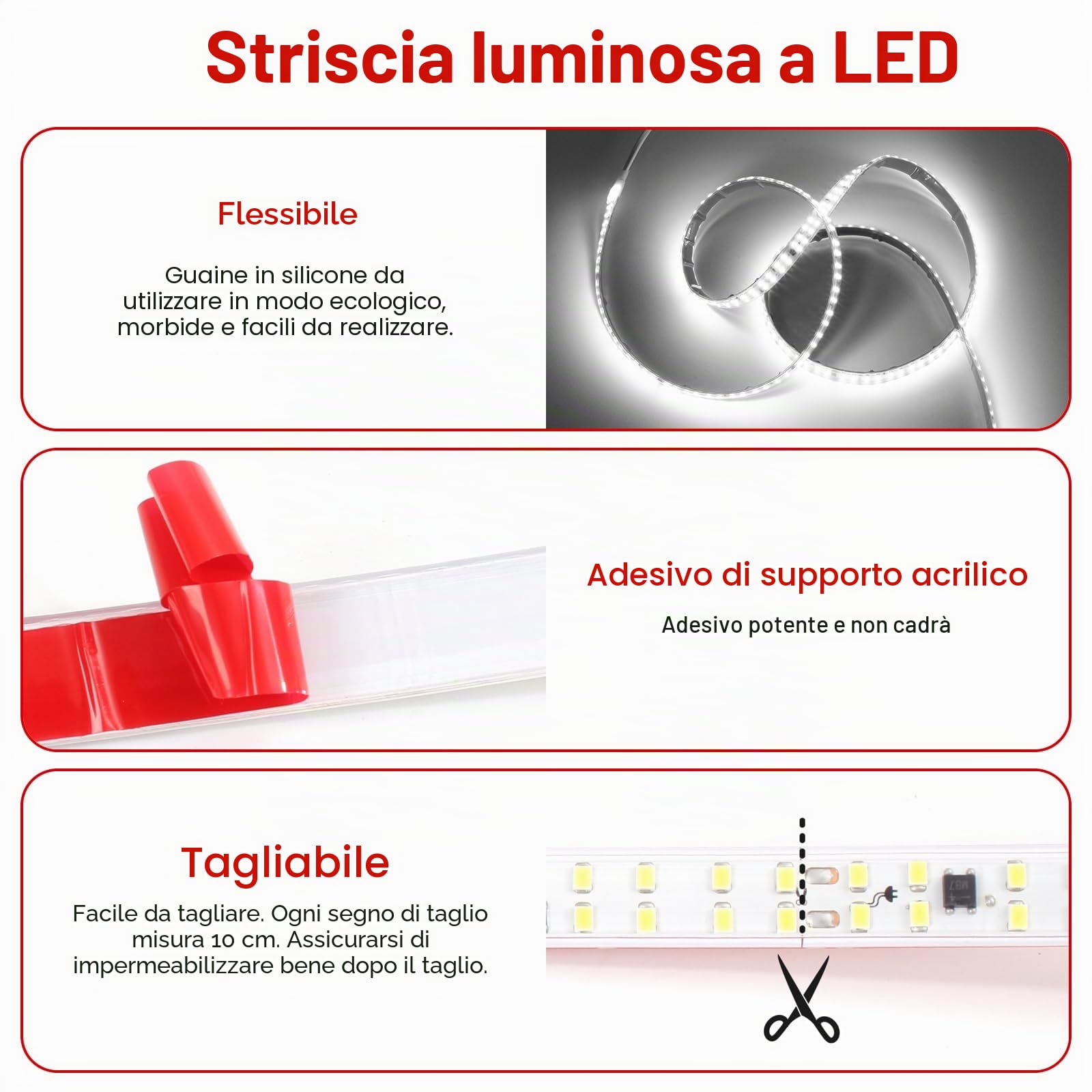 pcning IP65 Impermeabile Strip LED Adesiva 220V 3M 2835 240 leds/m Flessibile Striscia Bianco Freddo 6000K, Strisce LED 220 Volt da Esterno 3 Metri (Bianco Freddo, 3M)