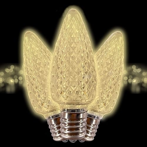 Bombillas LED C9 de repuesto de color blanco cálido suave (paquete de 25) con forma de vela facetada con forma de vela de grado comercial E17,