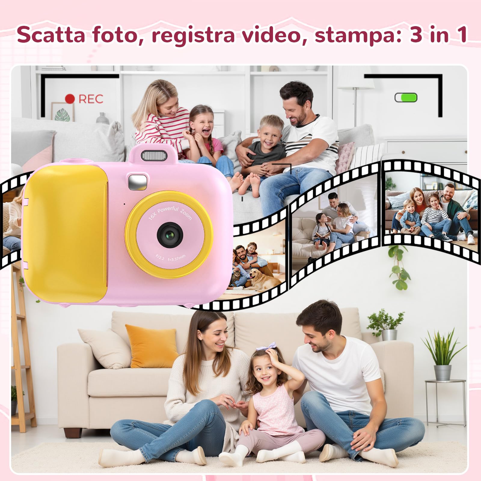 Fotografica Digitale 12MP,Stampa istantanea/Fotografare/Registrare 3 in 1