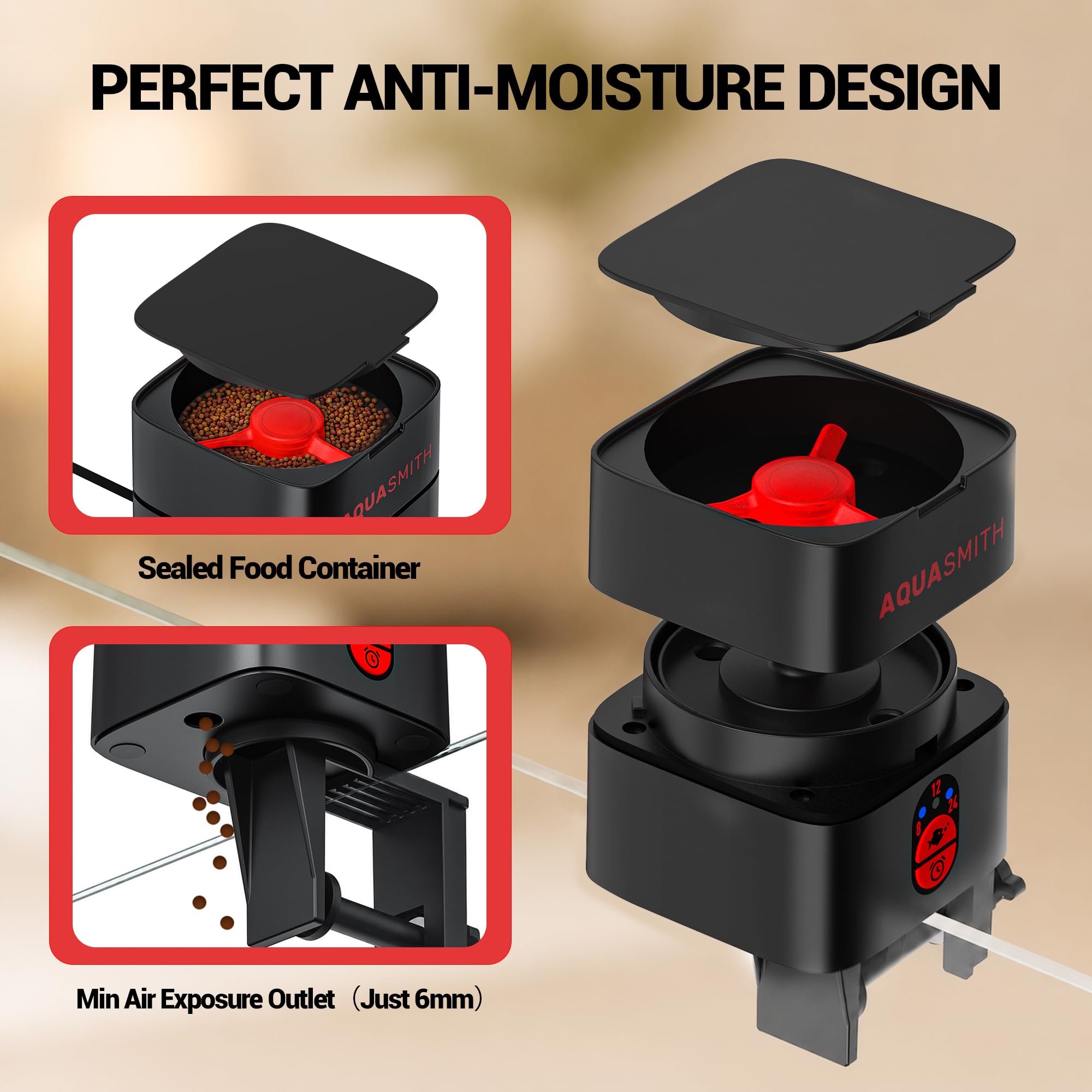 AQUASMITH Distributeur automatique de nourriture pour poissons avec minuterie pour une alimentation précise, capacité de 30 ml pour aquarium Betta de 1/2/5/10 gallons
