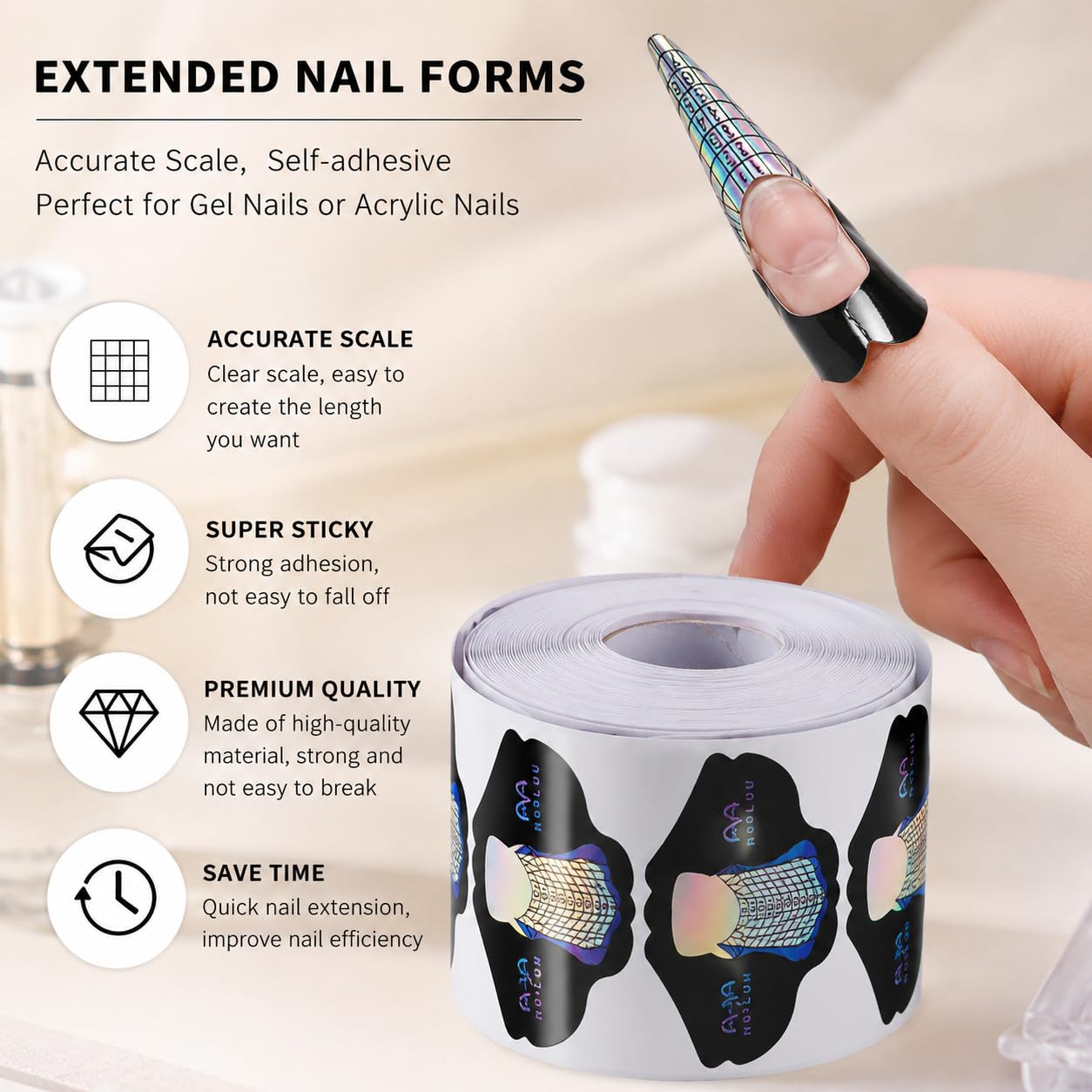200 Modelli Unghie Autoadesivi per Ricostruzione Unghie, Nail Forms Professionali per Gel e Acrilico, Cartine Unghie con Scala Graduata