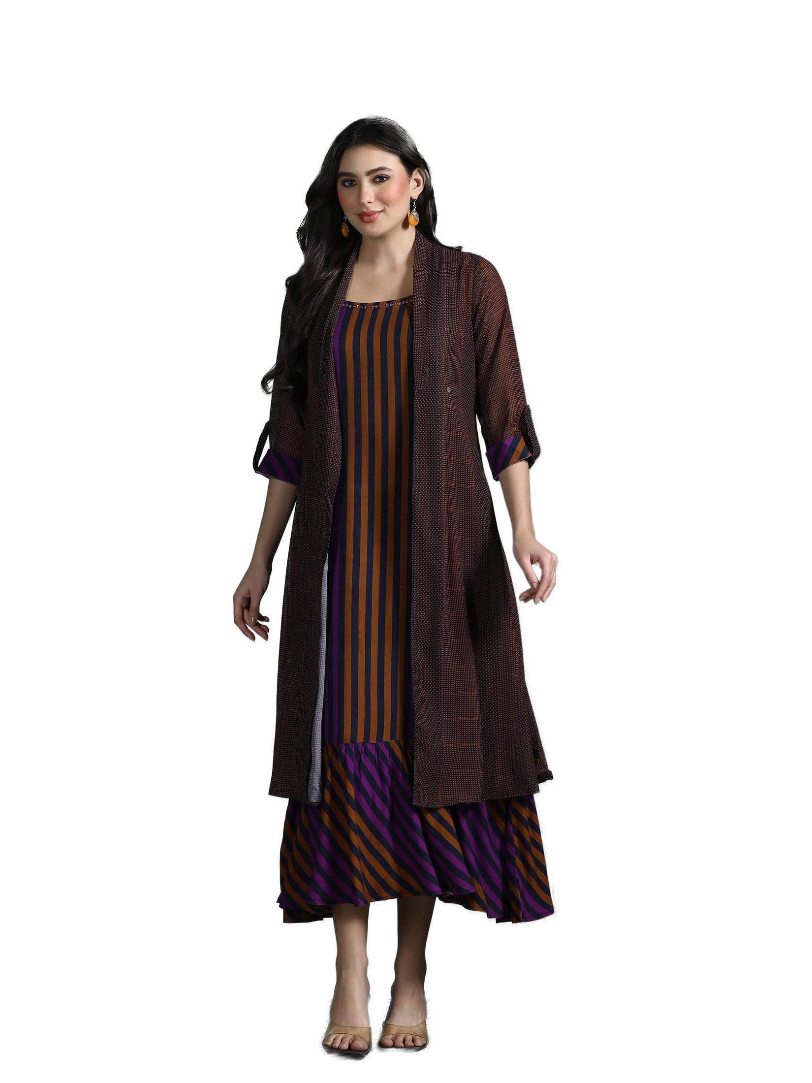Women Liva Multicolor Stripe Print Dress with Georgette Ethnic Jacket-image-30