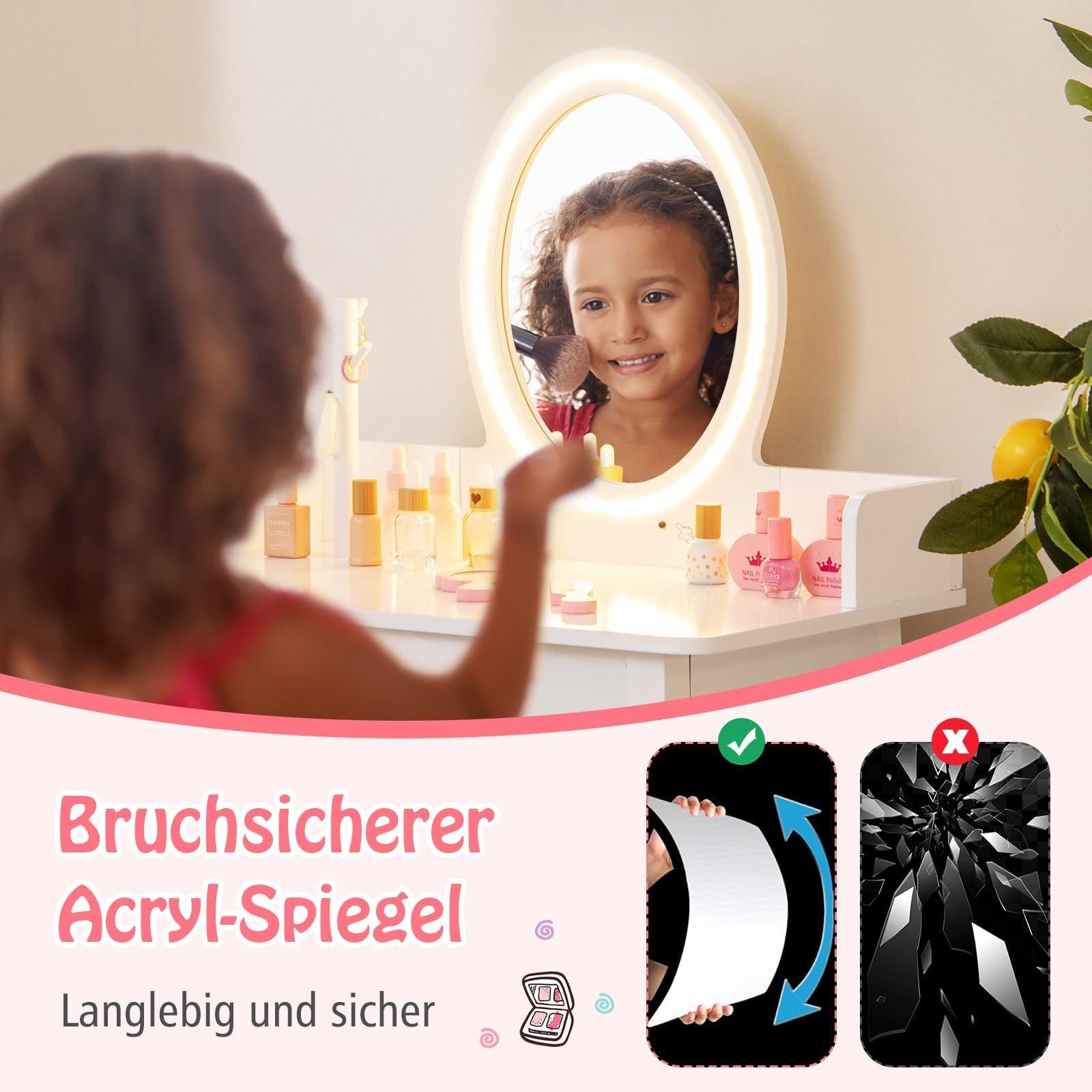 COSTWAY 2 in 1 Kinder Schminktisch mit Hocker, Frisiertisch mit Beleuchtung, Schminkkommode aus Holz mit Schublade & Schmuck-Organizer, Kosmetiktisch Prinzessin für Mädchen ab 3 Jahren (Weiß)